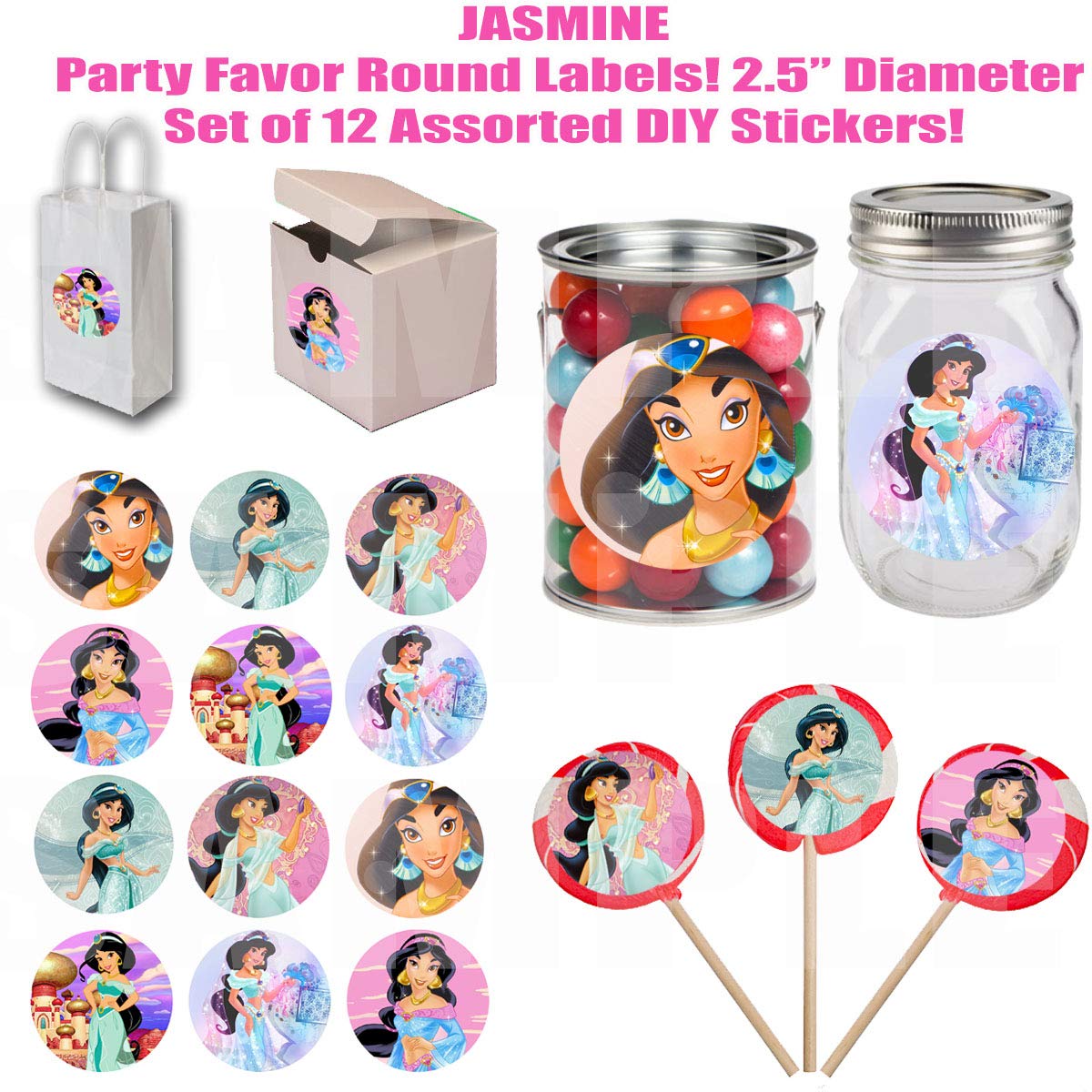Princess Jasmine Stickers, Large 2.5” Round Circle DIY Stickers to