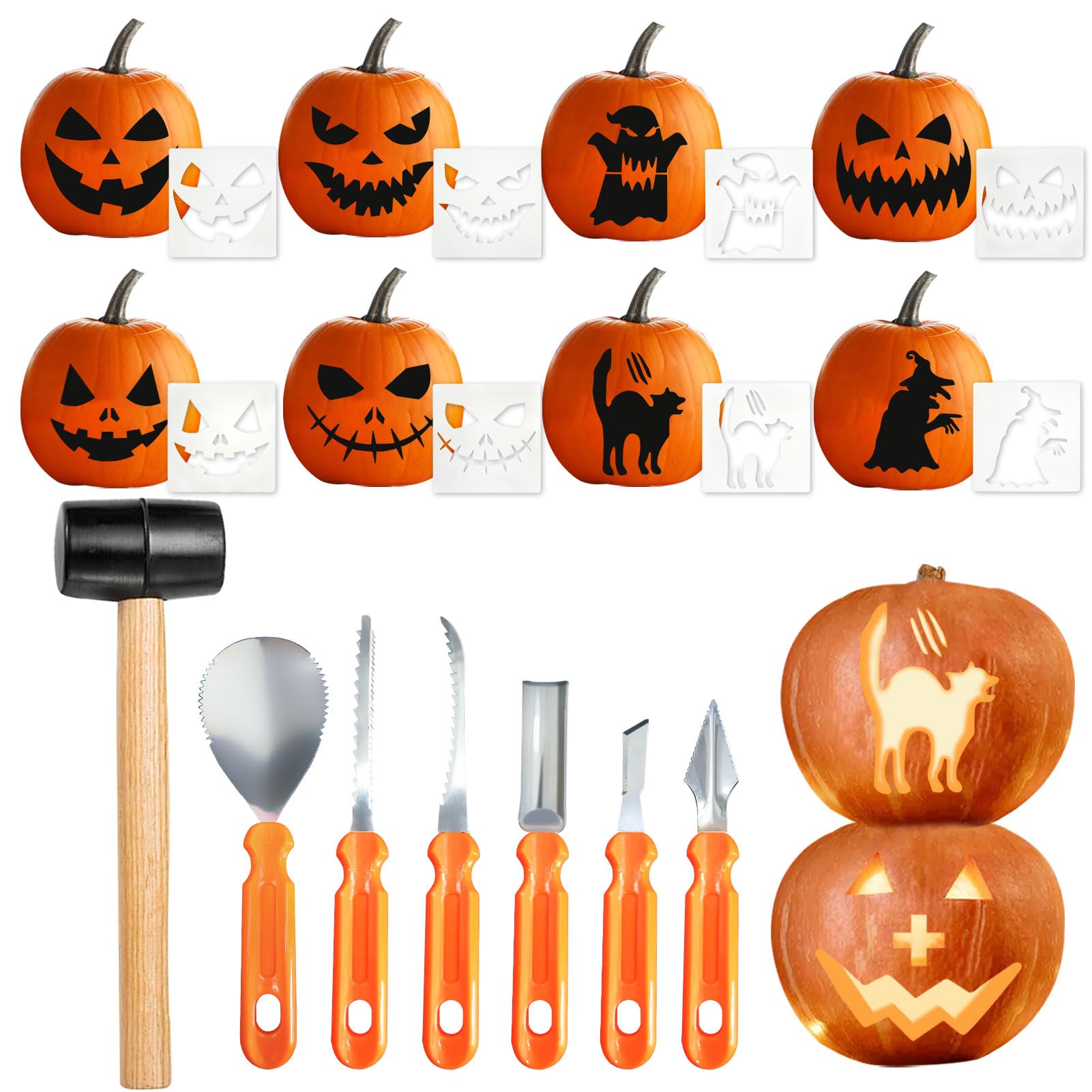 Kit Sculpture Citrouille Halloween 7 Pièces + 10 Modèles – Outils Inox Complets Pour Lanternes Effrayantes DIY Enfants & Adultes