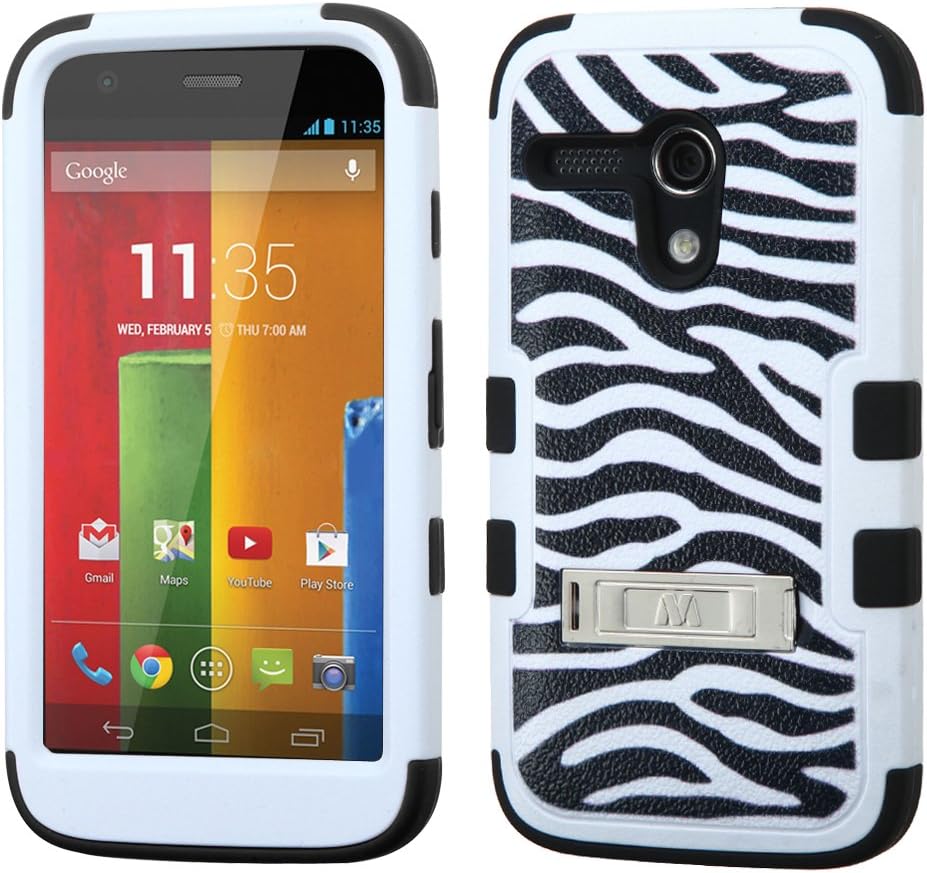 Thousand Eight(TM) For Motorola Moto G Heavy Duty Defender Tuff Hybrid Hard Case With stand Case + [FREE LCD Screen Protector Shield(Ultra Clear)+Touch Screen Stylus] (Hybrid Stand Zebra Skin/Black)