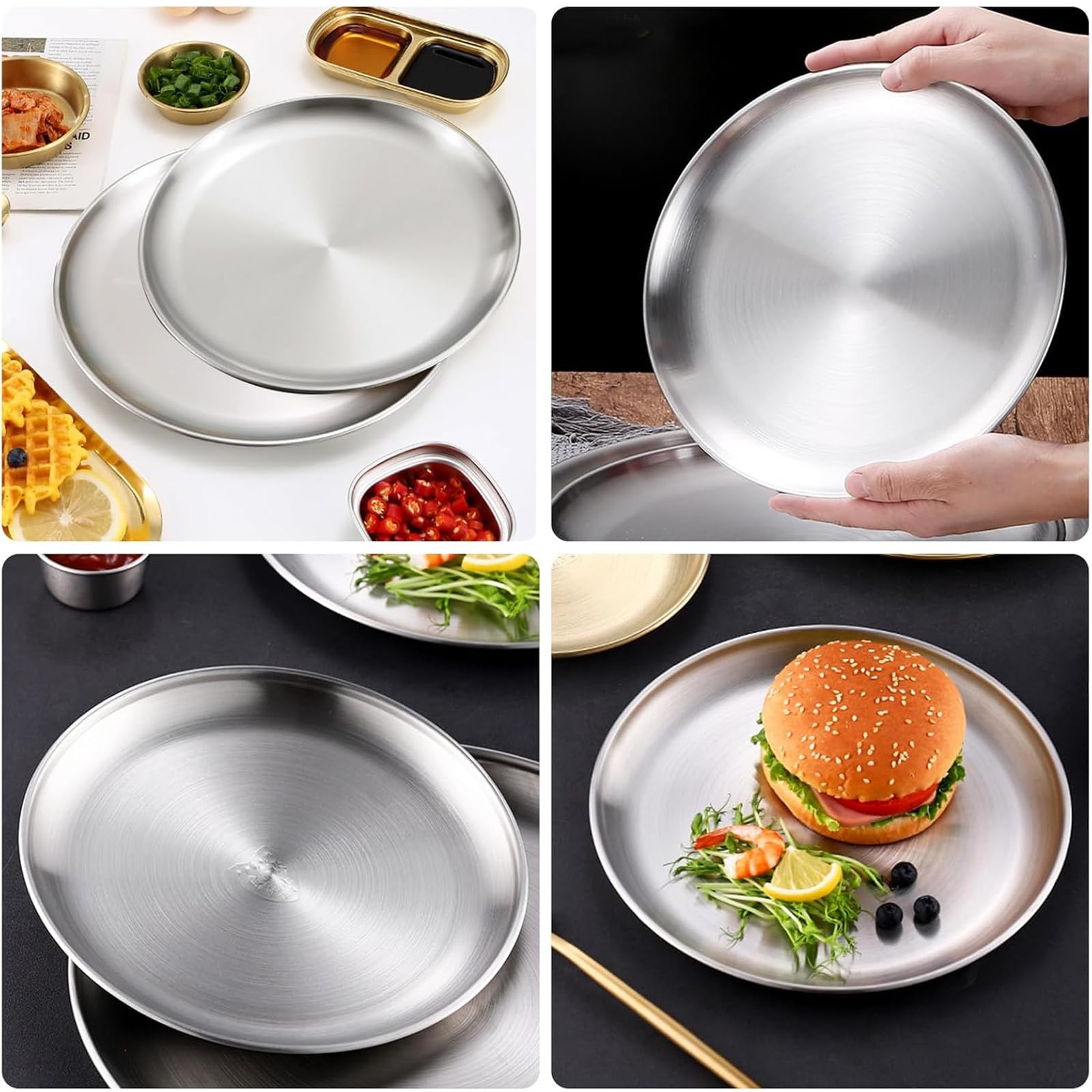 4 piatti in acciaio inox Φ 20 cm e 23 cm, piatti rotondi in acciaio inox, piatti da campeggio, piatti in acciaio inox stabili per campeggio, picnic, escursioni, cucina