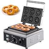 VEVOR 110V Commercial Waffle Donut Machine 6 Holes Double-Sided Heating 50-300℃, Electric Doughnut Maker 1550W, Non-stick Donut MakerTeflon-Coating for Professional Kitchen (Depth:0.55