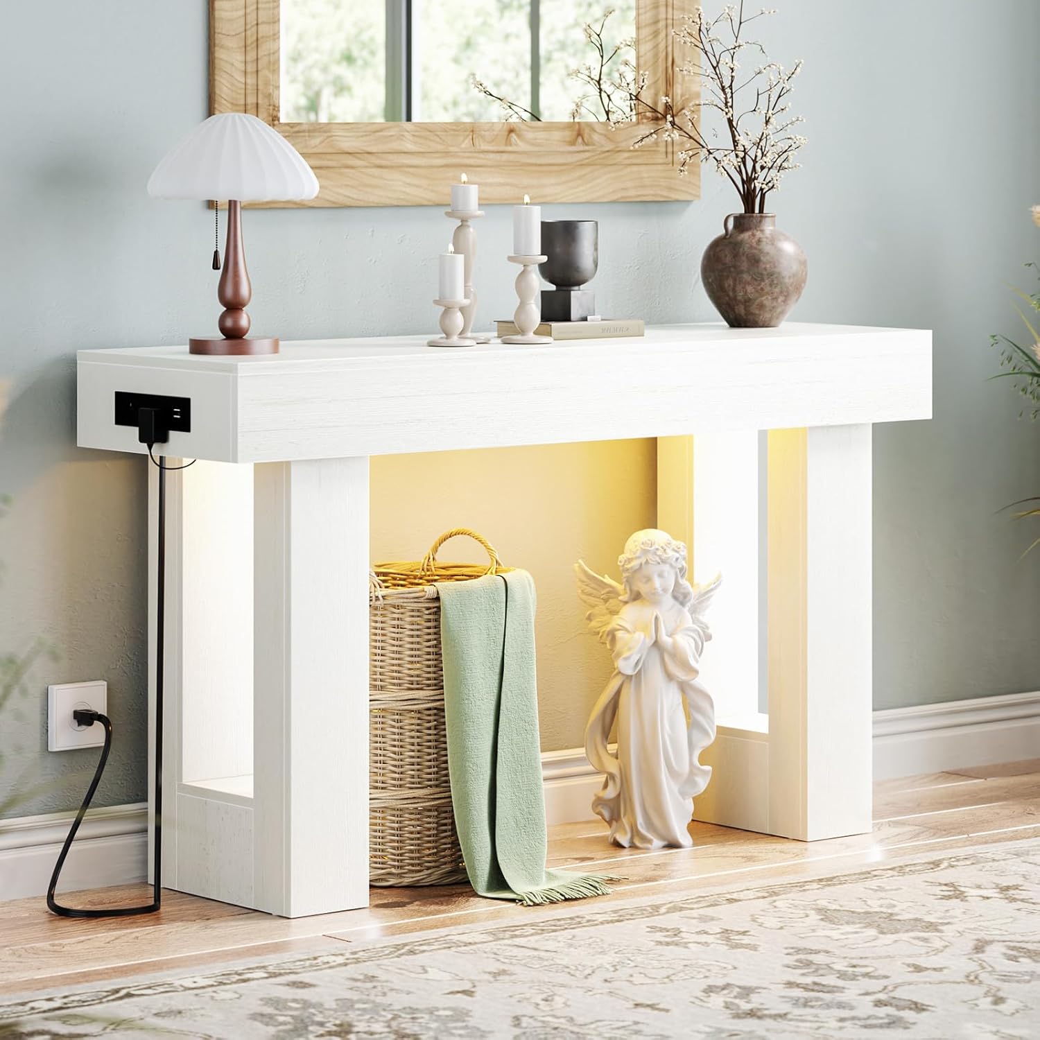 Unikito 32" Entryway Table with Socket and Sensor Light, Narrow Console Table with Storage Behind Couch, Farmhouse Entryway Table for Hallway, Behind the Couch, Living Room, Foyer