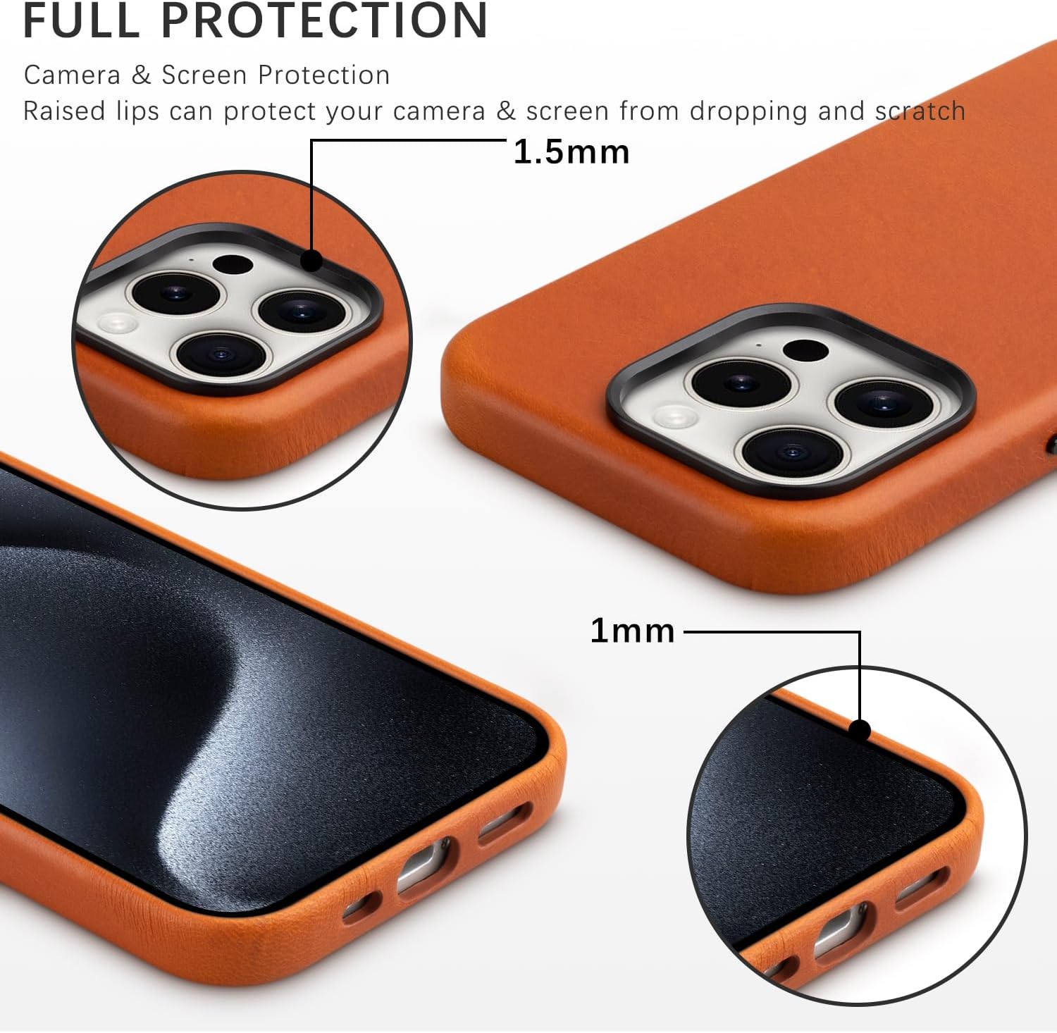 maogoam for iPhone 15 Pro Max Case Leather, Genuine Vegetable-Tanned Leather Case for iPhone 15 Pro Max 6.7",Compatible with MagSafe, Elegant Style, Orange