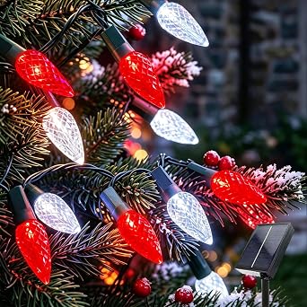 Solar Christmas Lights Outdoor C6 Strawberry String Lights, 50 LED Red&White Outdoor Solar Powered Garden Lights for Xmas Tree, Holiday, Party Courtyard Decor