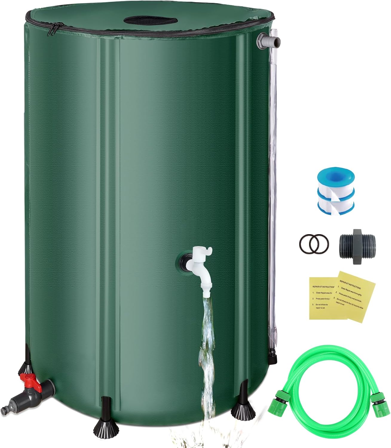 SKM Collapsible Rain Barrel, PVC Rain Water Collection System and Water Tank for Outdoor/Garden/Lawn, Portable Rain Water Collection Barrel Container with Spigots & Overflow Kit, 100Gallon, Green