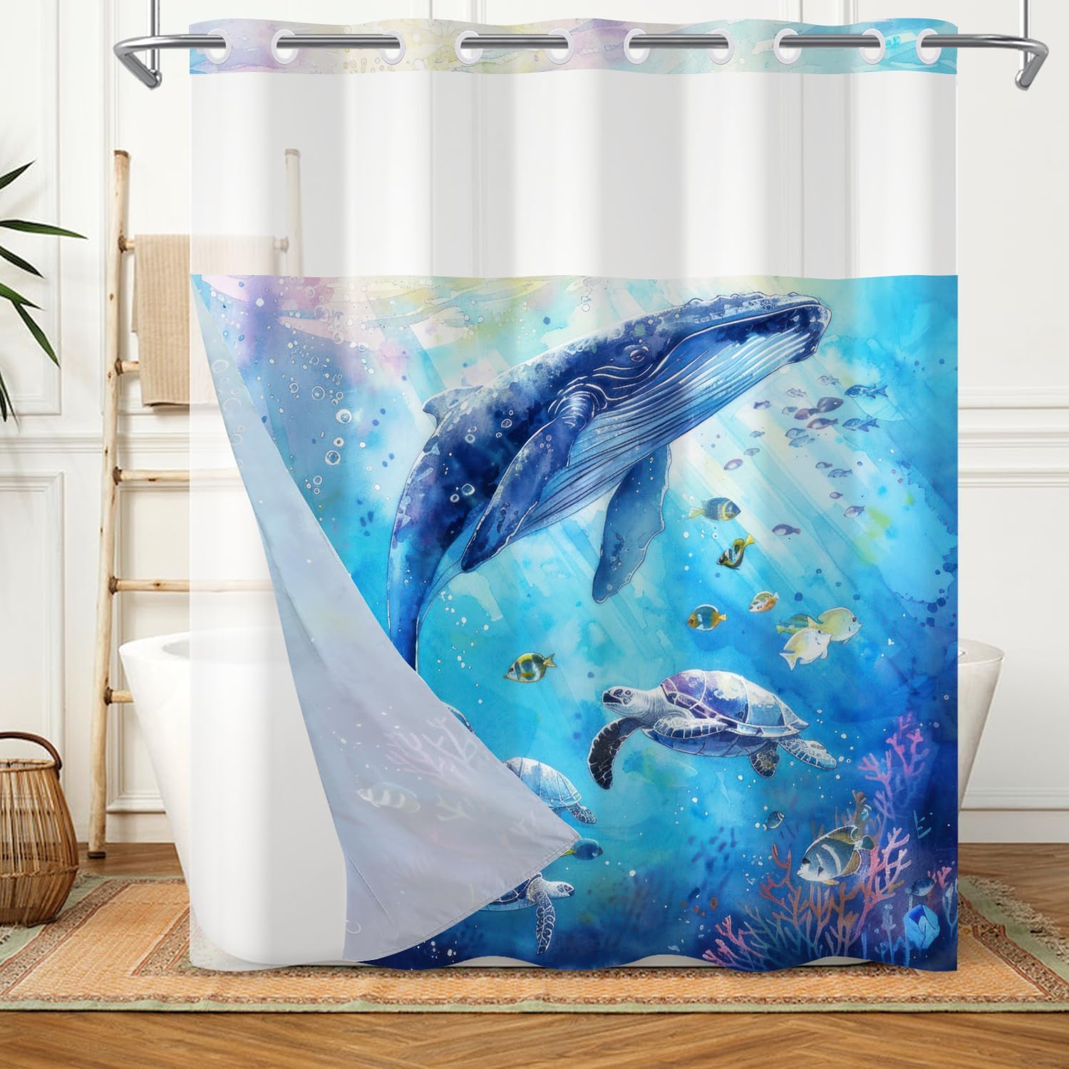 Leowefowa Summer Ocean No Hook Shower Curtain with Snap in Liner, Blue Beach Whale Turtle Coral Reef Fabric Shower Curtains, Double Layer, Mesh Top Window,71 x74 inches