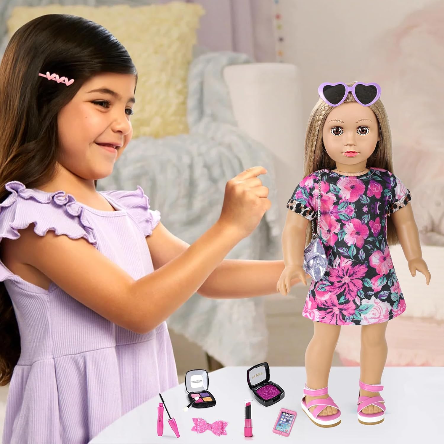 American 18 Inch Doll Makeup Accessories and Clothes,Messenger Bag Set for 18 Inch Dolls Include Sunglasses Phone Lipstick Eyelash Brush Eye Shadow Blusher Butterfly Hair Clip and Shoes