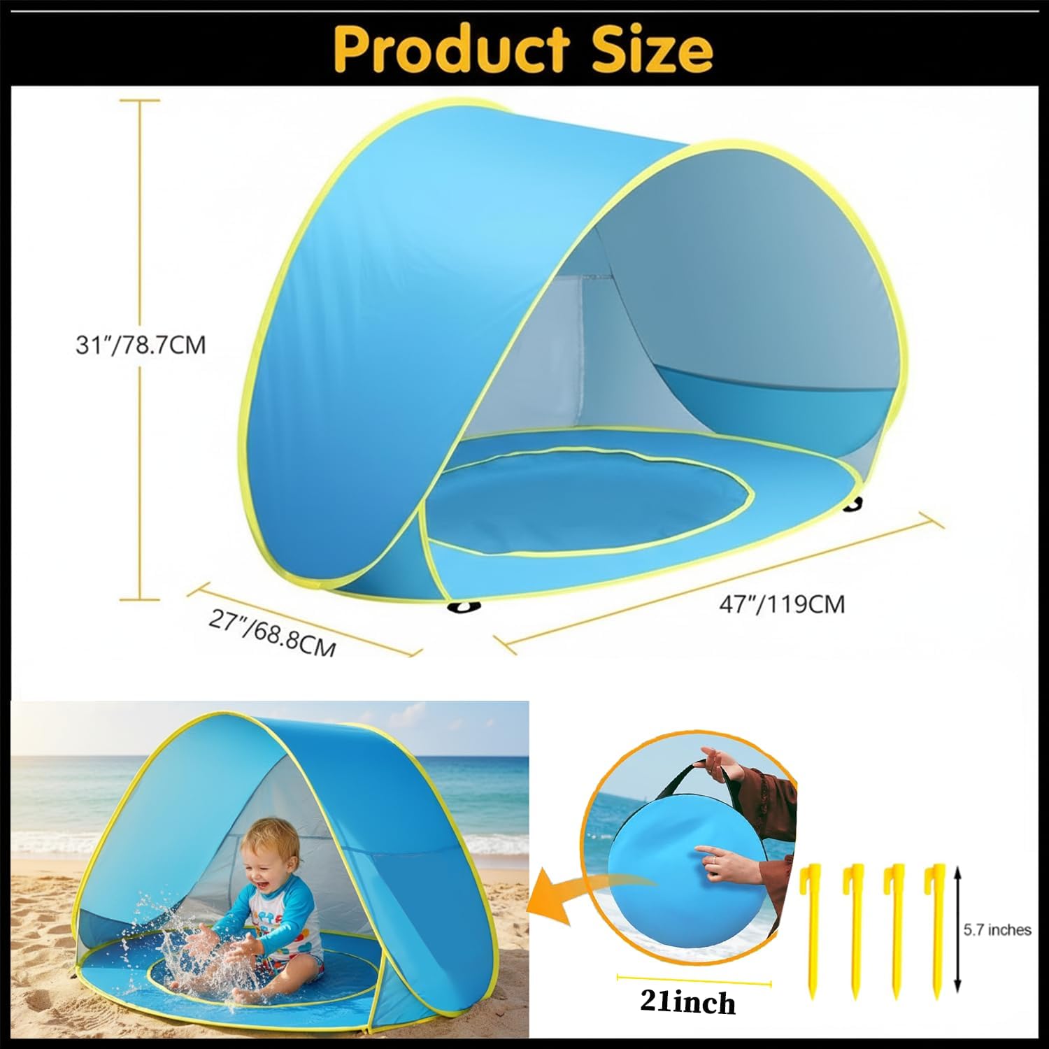 Baby Beach Tent with Pool, Pop Up Beach Tent Sun Shade for Infant Toddlers, Portable UV Protection Shade with Carry Bag for Outdoor Travel, Camping