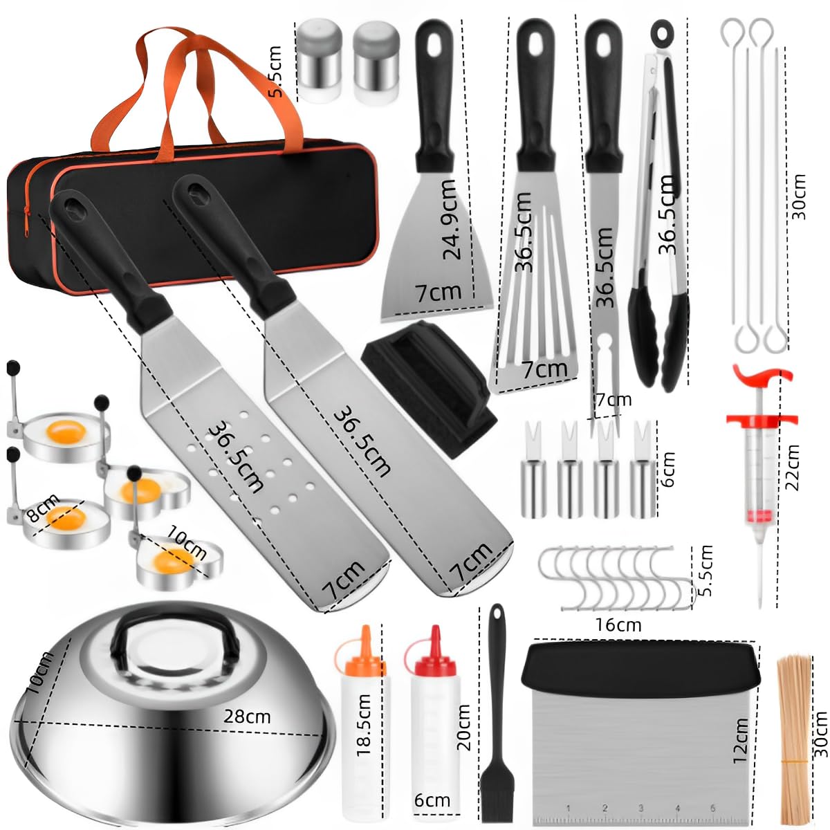 Kit di accessori per piastra da 137 pezzi, in acciaio inox, utensili per barbecue per griglia piatta, piastra e cottura all'aperto, include pressa per hamburger, spatole per grill, cupola, pinze e