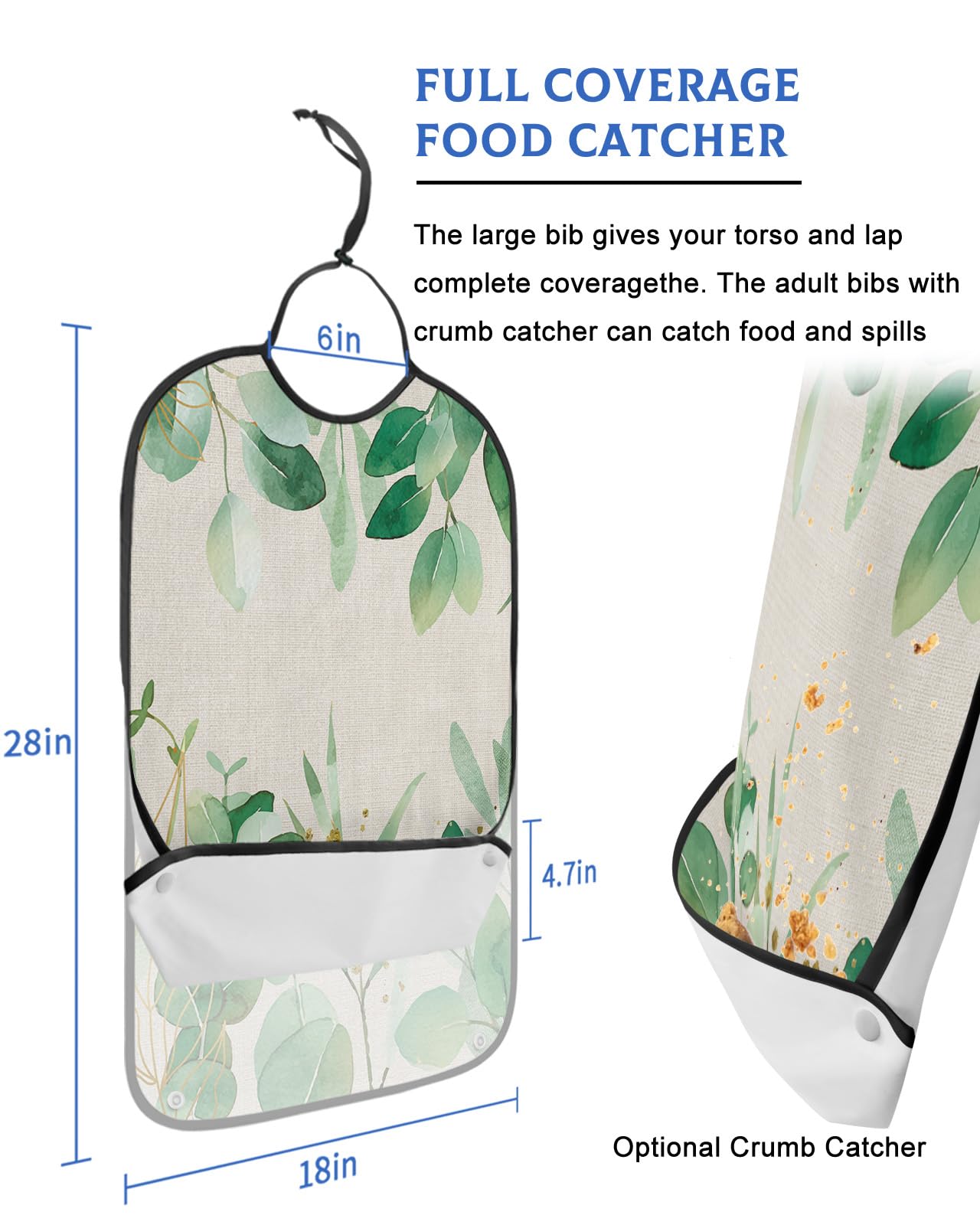 LEOKOTI Green Botanical Adult Bibs for Eating, Waterproof Bibs with Food Catcher & Adjustable Snap Closure, Watercolor Green Yellow Leaf Rustic Washable Clothing Protectors Adult Bibs for Elderly