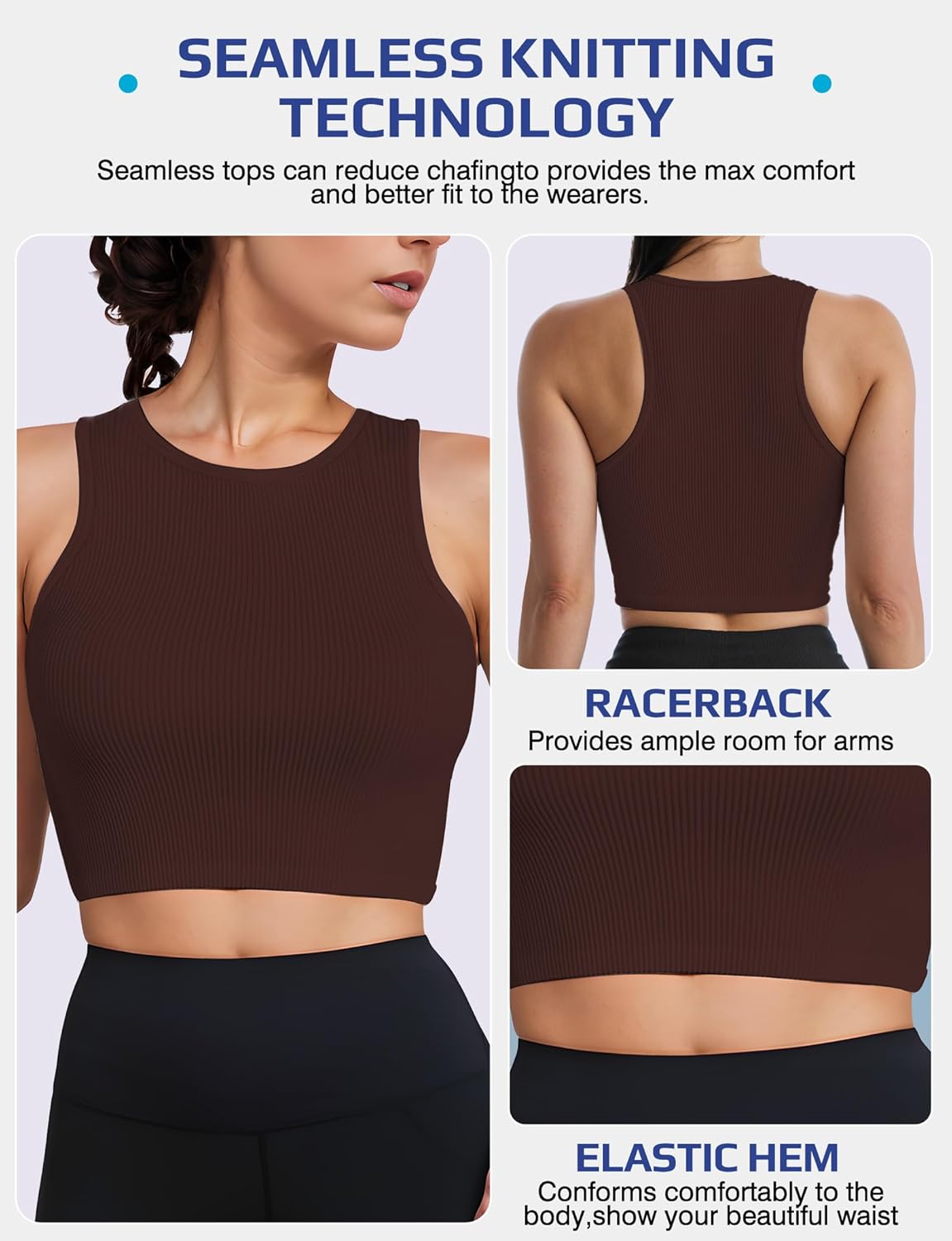 AURUZA Workout Tank Tops Woman, Seamless Ribbed Crop Tank Tops for Women, Sleeveless Racerback High Neck Tank Tops for Women - Image 3