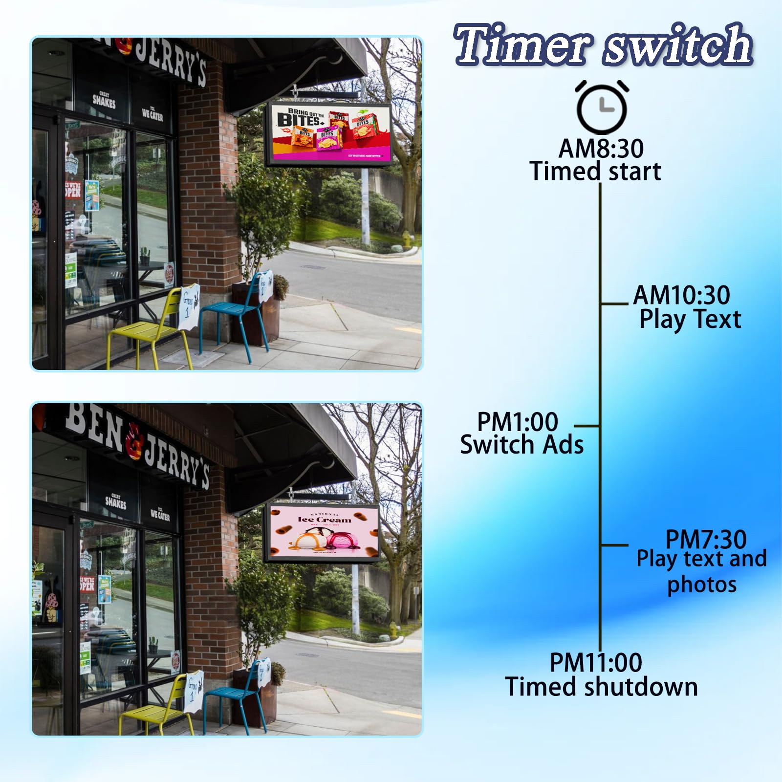 Pantalla LED P10 a todo color al aire libre, doble cara, programable, 39 x 14 pulgadas con control de aplicación WiFi, tablero publicitario impermeable IP65 de alto brillo para ventana