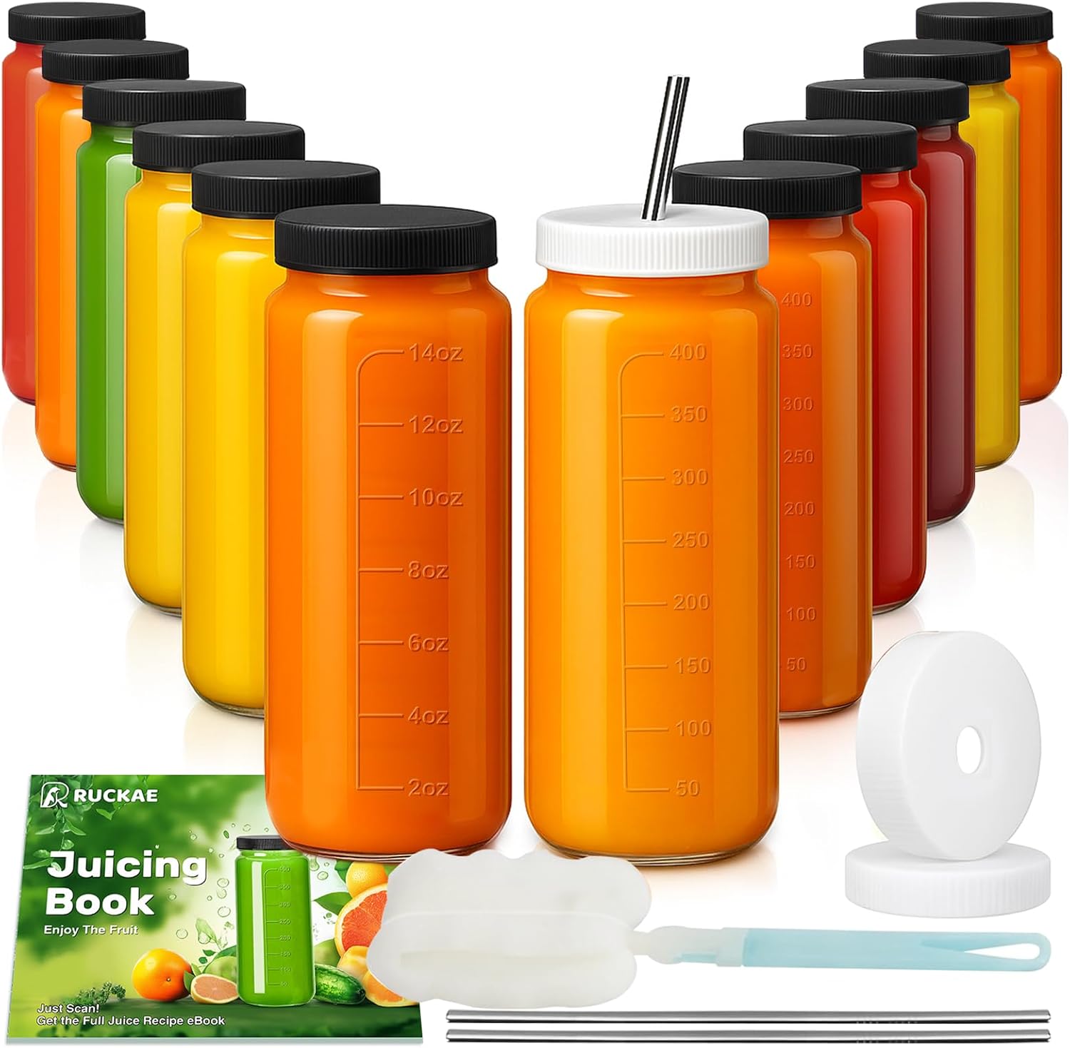 Ruckae 16oz 12 Pack Juice Bottles, Glass Bottles Juicing with Lids, Smoothie Cup Lids and Straws, Water Bottle Mason Jar Drinking Glasses for Juicing, Smoothies, Kombucha 16oz-12pack Transparent