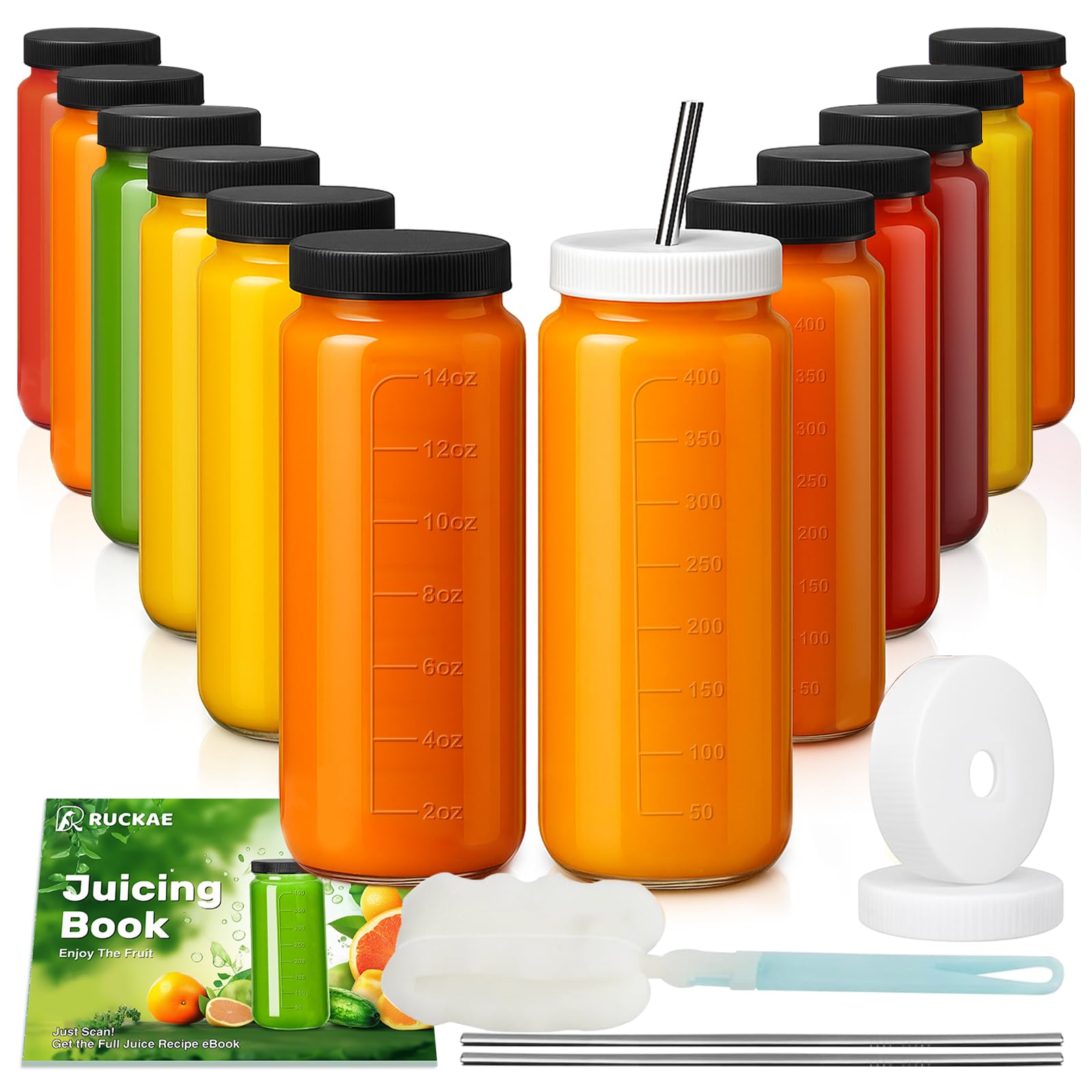 Ruckae 12pack 16oz Glass Juice Bottles with Lids &amp; Straws &amp; Juicing Recipe