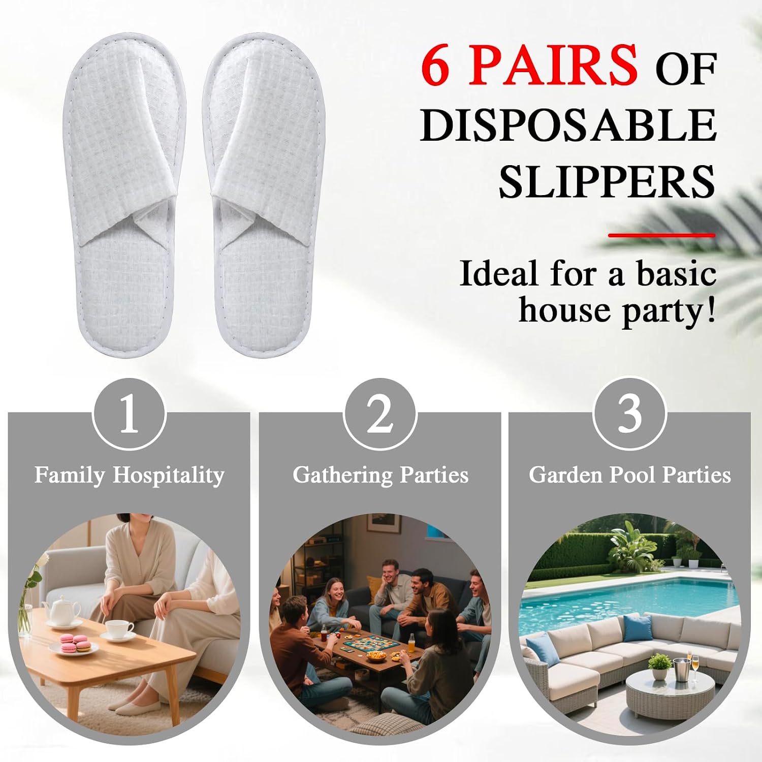 6 Pairs Disposable Slippers for Guests, White House Slippers, Travel & Hotel Guest & Spa Slippers for Women and Men, Reusable & Washable, Individually Wrapped