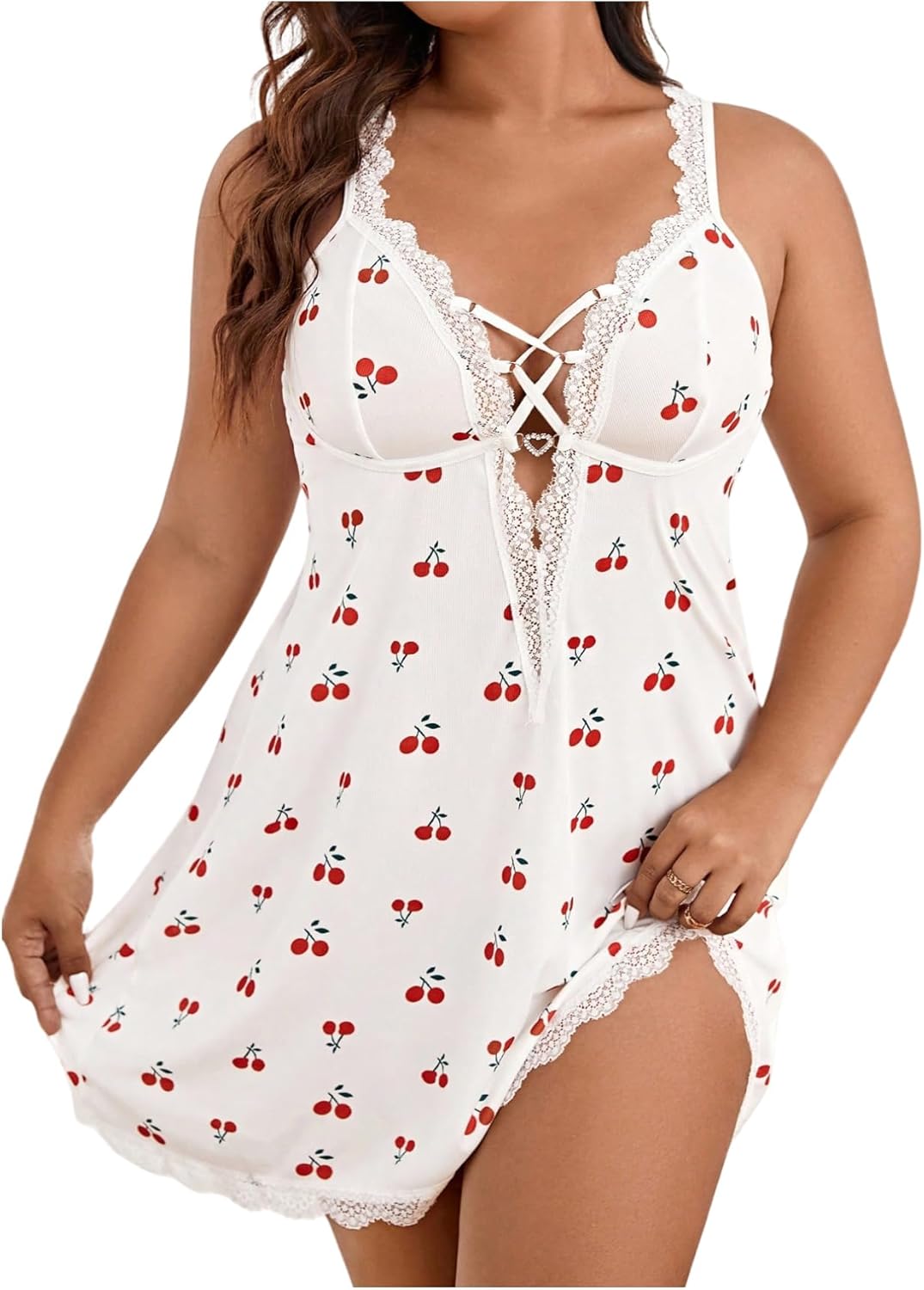 SHENHE Women's Plus Size Deep V Neck Lace Trim Nightgown Chemise Side Slit Lingerie Sleep Dress