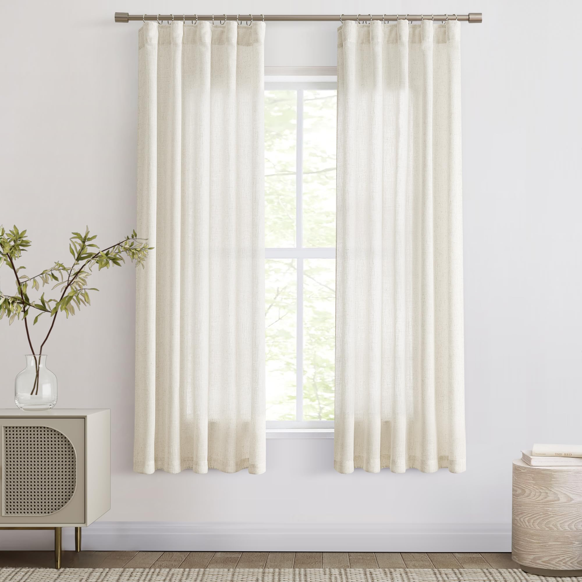 Joywell Cream Linen Curtains 63 Inches Long for Short Living Room Ktichen Windows Light Filtering Linen Textured Curtains Back Tab Rod Pocket Hook