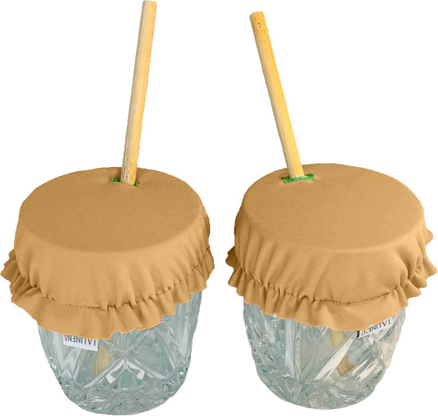 LA Linen Drink Cover, Stretch Safety Glass Cover with Straw Hole, Washable and Reusable, Prevent Spiking or Spilling, Keep Out Sand, Flies, Leaves, Pet Hair, 2 Pack, Coyote Brown