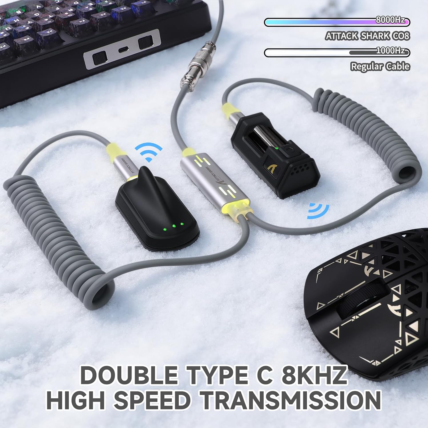 ATTACK SHARK C08 Dual USB-C RGB Coiled Keyboard Cable, 8K Fast Charging Data Cable for Mechanical Gaming Keyboard & Mouse, Detachable Aviator Connector, Custom Type-C Cable for PC Gamer,Grey image 3