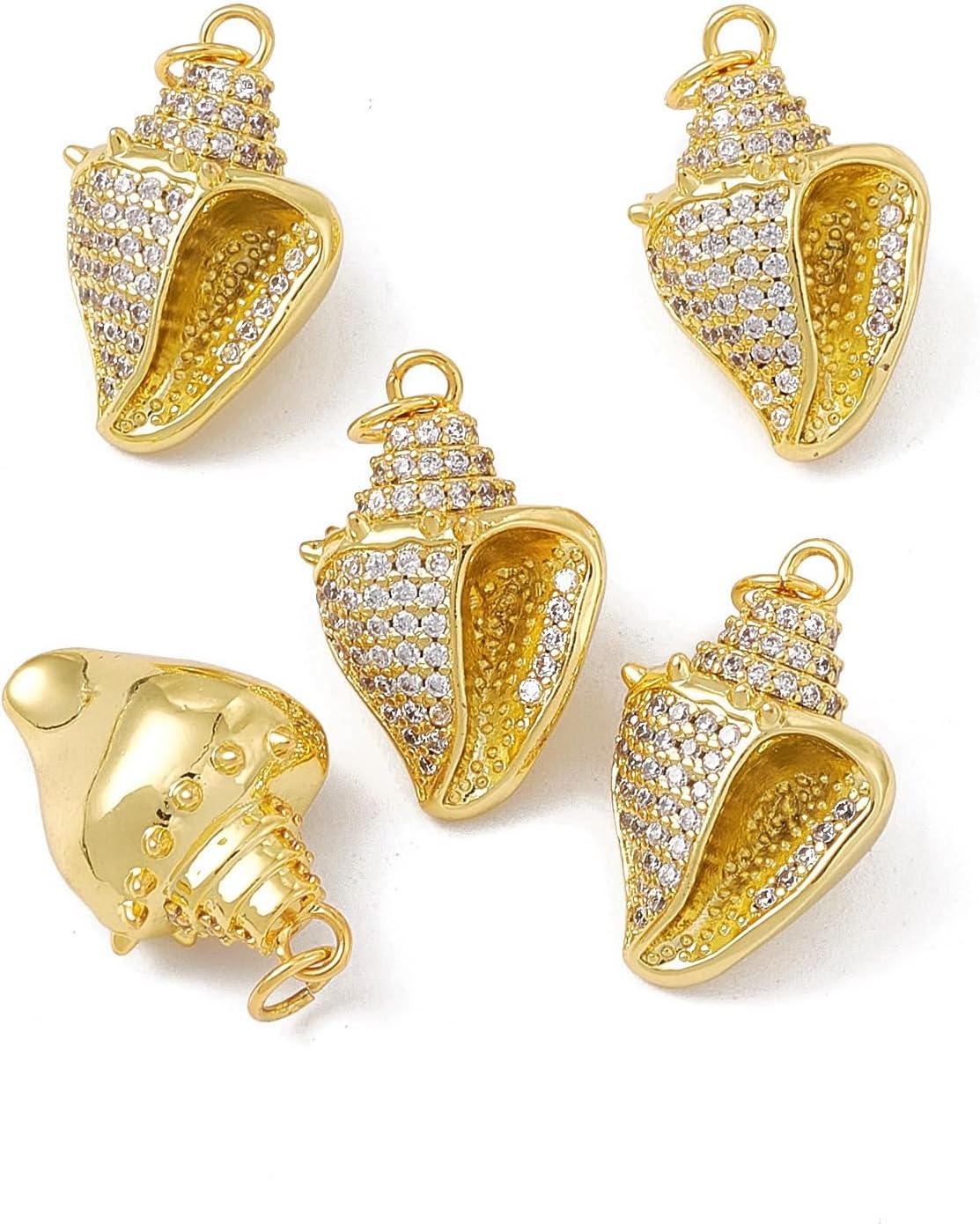 KitBeads 5pcs Cubic Zirconia Seashell Charms - 3D Marine Animal Sea Life Conch 18K Real Gold Plated for Jewelry Making Bulk