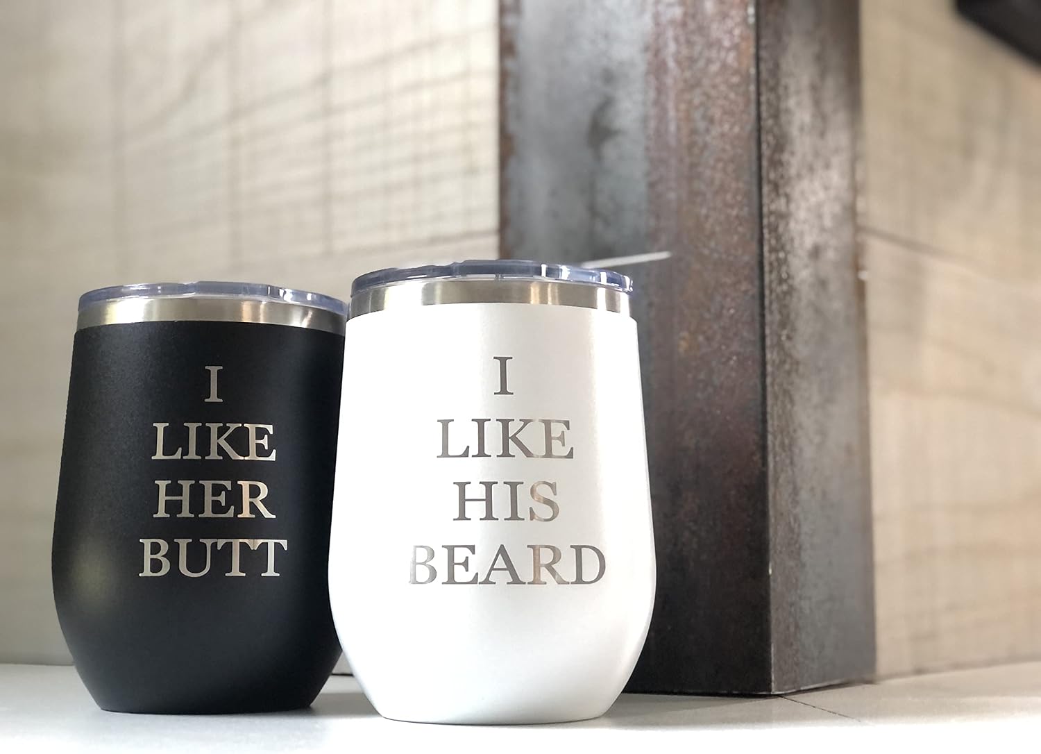 I Like His Beard, I Like Her Butt Wine Tumbler Set Wedding Engagement Gifts for Husband, Wife, Bride, Groom, His and Her Anniversary, 12 Oz Stainless Steel Wine Tumbler with Lid, Black and White