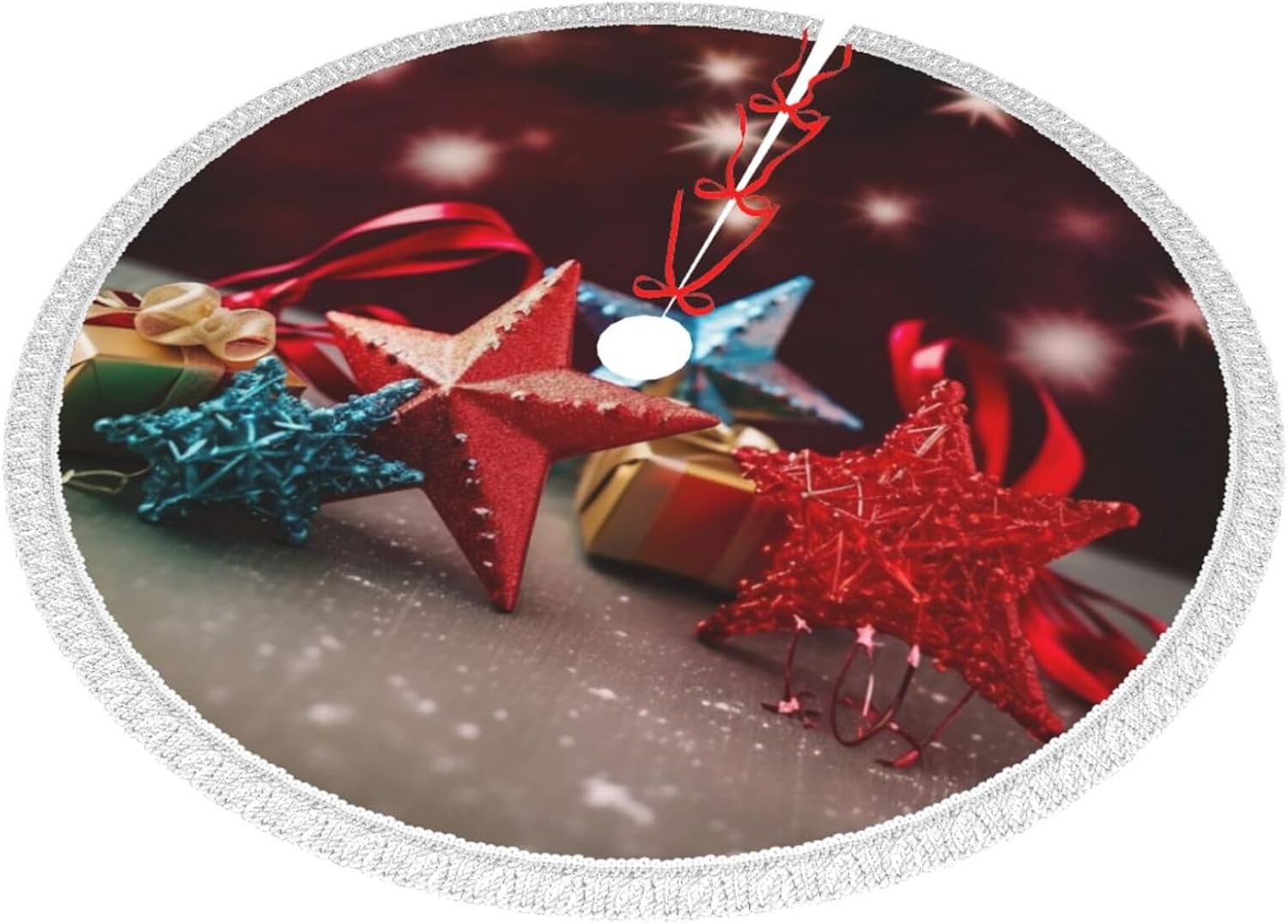 Holiday Christmas Stars Print Christmas Tree Skirts with Tassel Soft Christmas Tree Mat Xmas Tree Skirt Ornaments Traditional Christmas Tree Carpet Soft for Holiday Party Xmas Decorations 36"