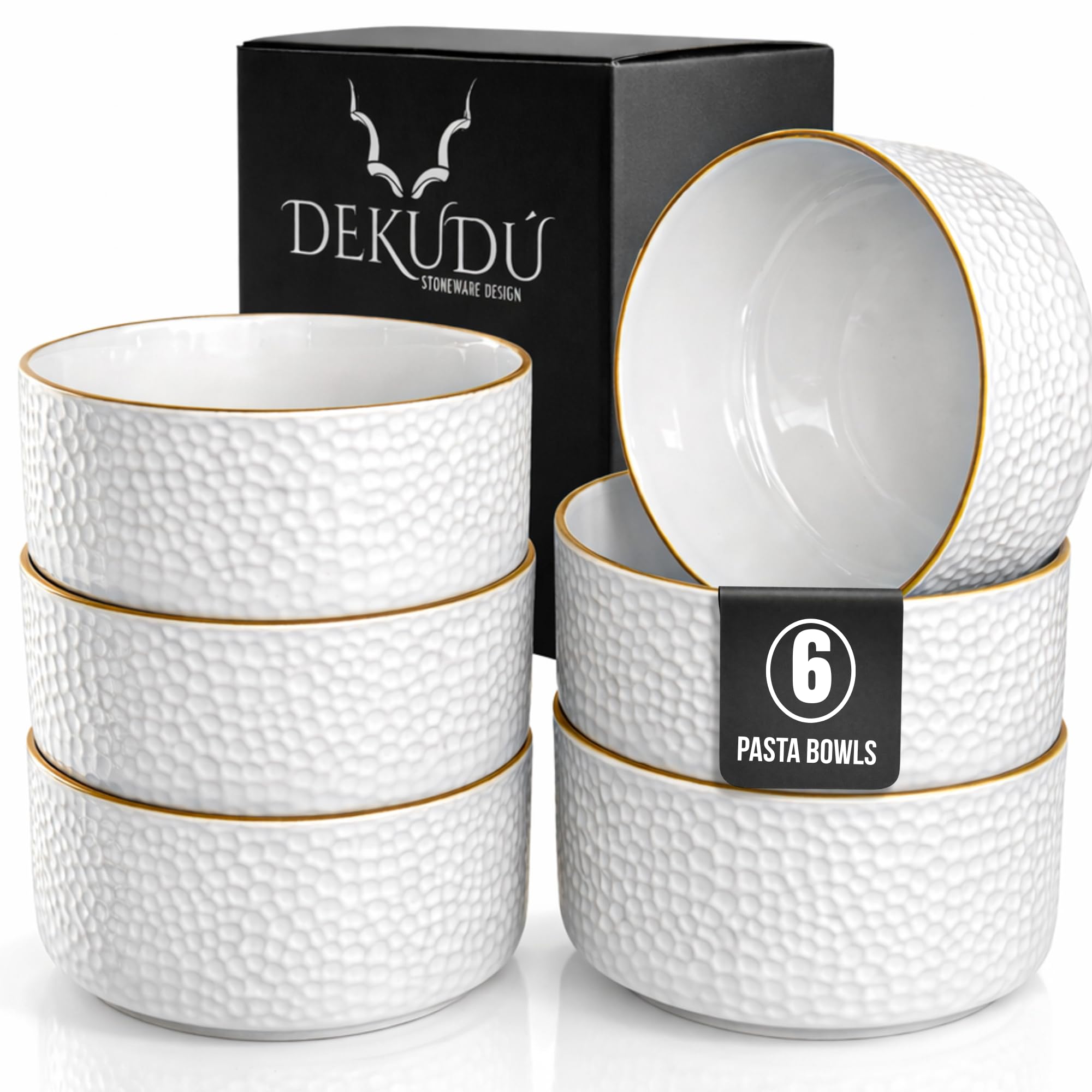 DEKUDÙ Pasta Bowls Plates Set Dinnerware Sets - Quality Stoneware Dinner Set - Handcrafted - 6 Pieces 5,90"/15 cm - High Hardness Dishwasher and Microwave Safe - Soup Bowl - White Color
