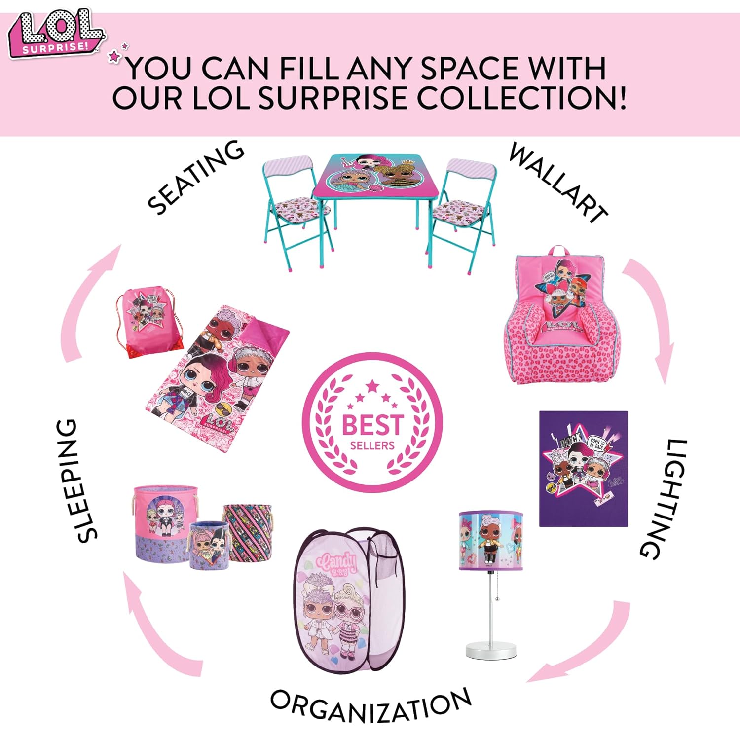 LOL Surprise Pop Up Laundry Hamper,Pink Kids Clothes Storage with Durable Carry Handles, 21" H x 13.5" W x 13.5" L