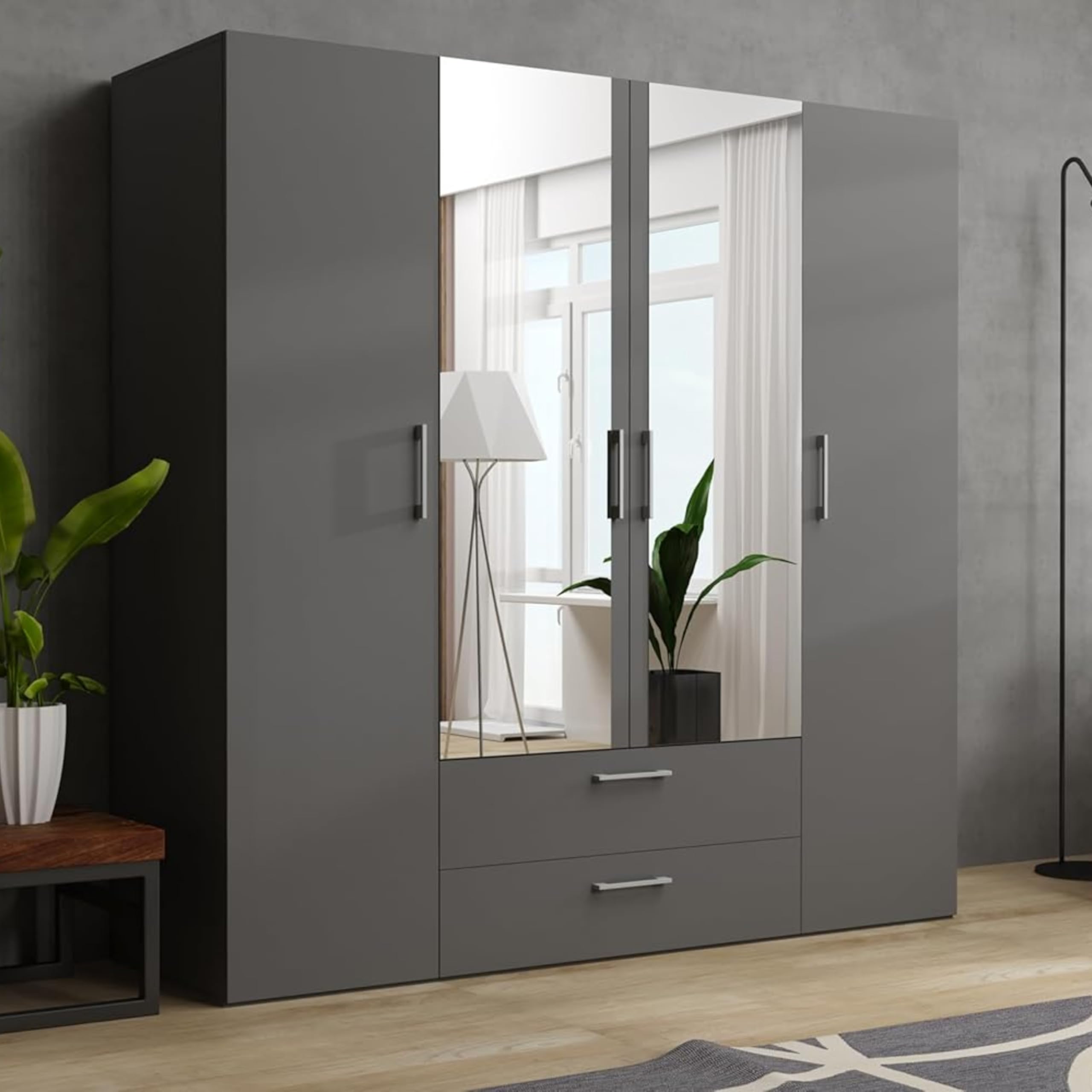 Brent - Kleiderschrank mit Spiegel, Garderobenschrank (BxHxT) 200x200x60 cm, Schrank mit Türen, Schlafzimmerschrank mit Regalen - Grau