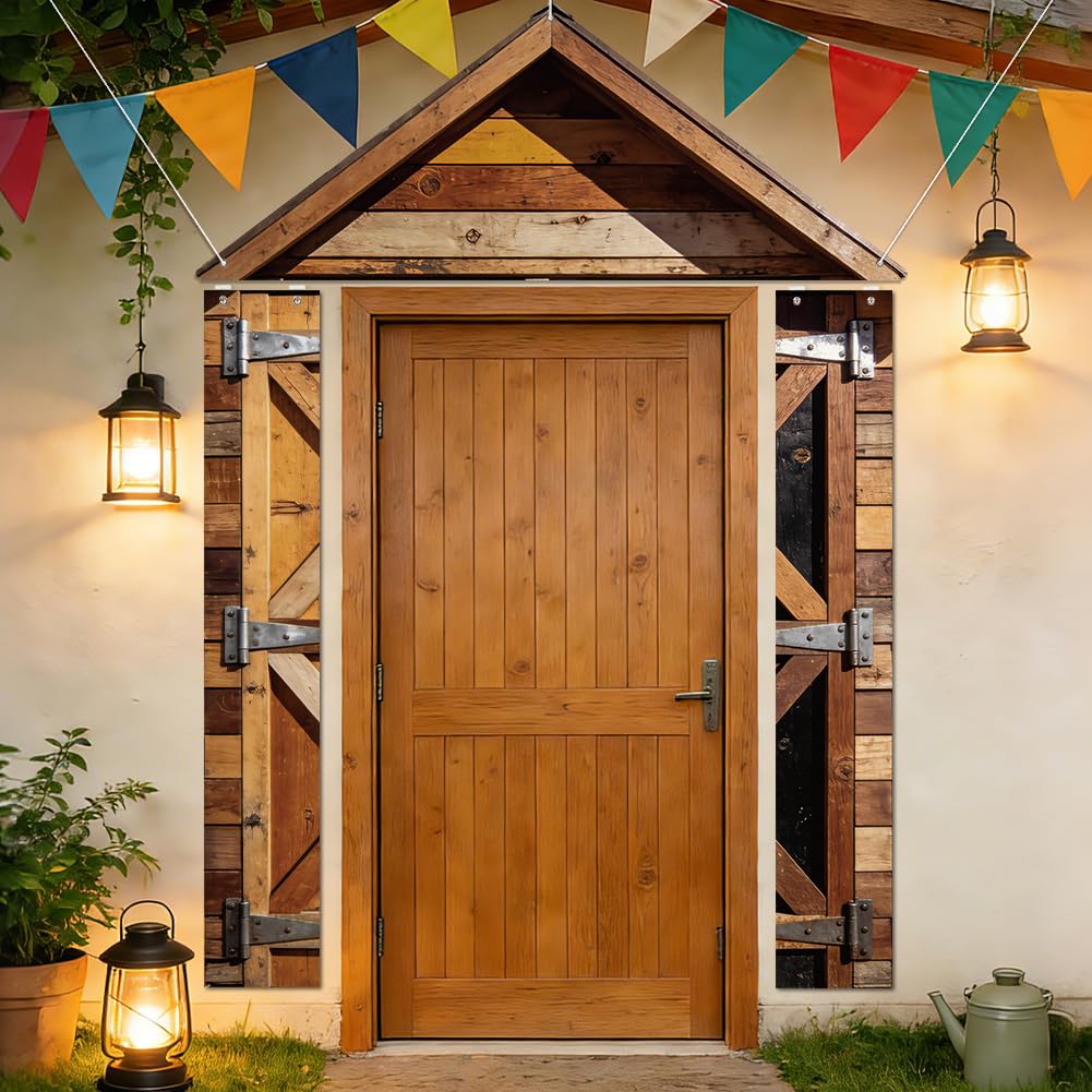 SUPERDANT 3Pcs Wooden Door Porch Banner Brown Fabric Farm Cabin Door Couplet Set with Hooks Rope Farmhouse Outdoor Photo Backdrop Reusable Welcome Sign 180x30cm