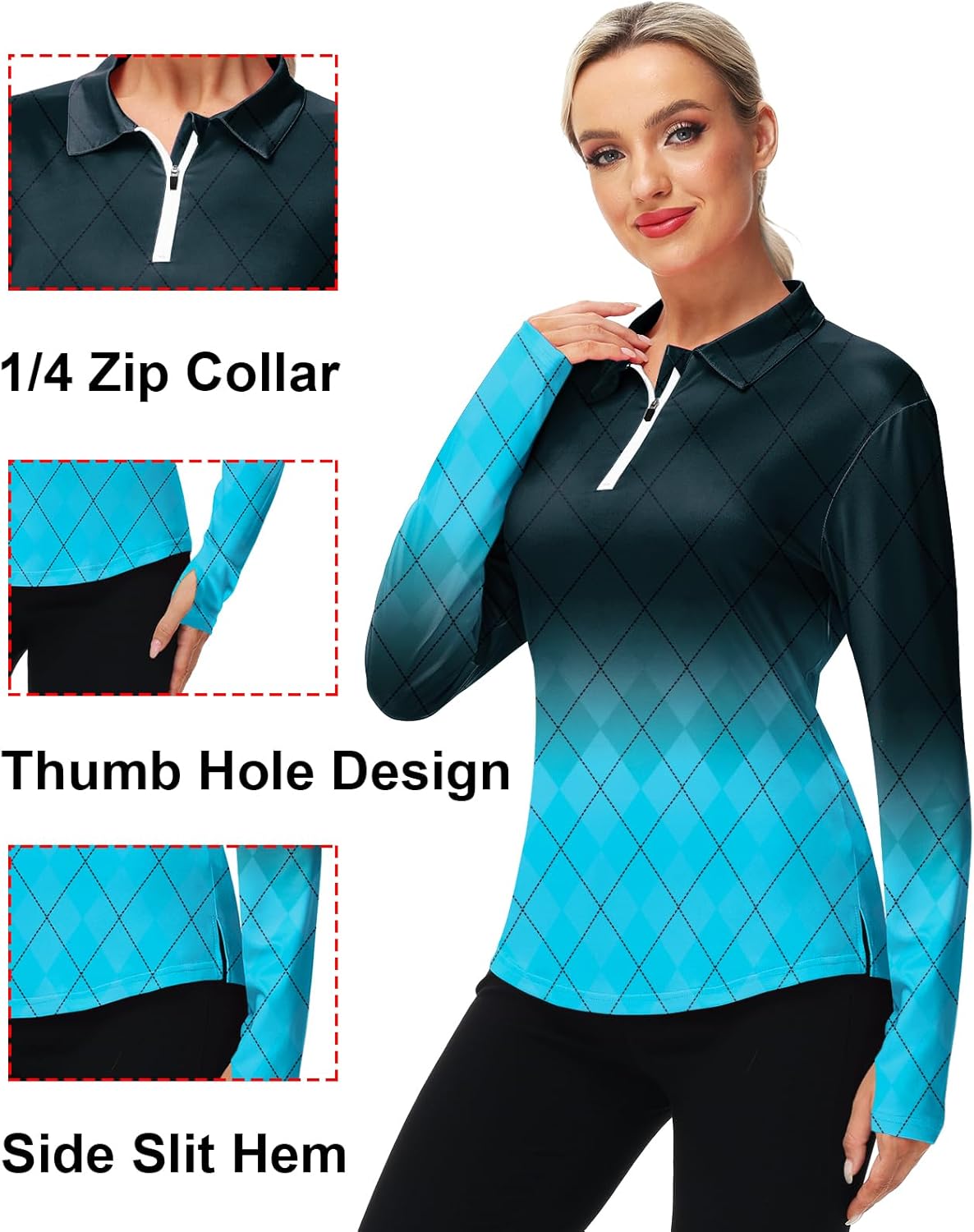 AOBUTE Women's Long Sleeve Golf Shirts Zip Polo Tennis Top with Thumb Hole - Image 4