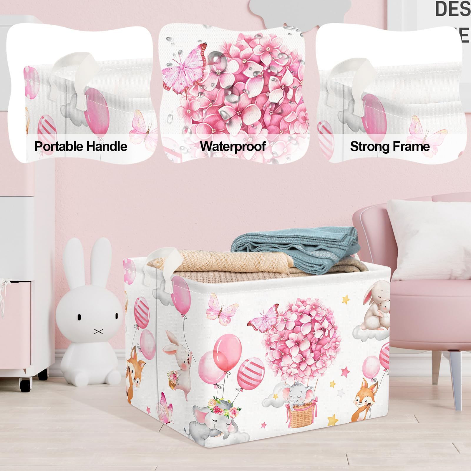 Clastyle Hot Air Balloon Flower Animal Toy Box Storage for Girls Room Elephant Rabbit Fox Rectangle Clothes Books Pink Storage Basket - Image 4