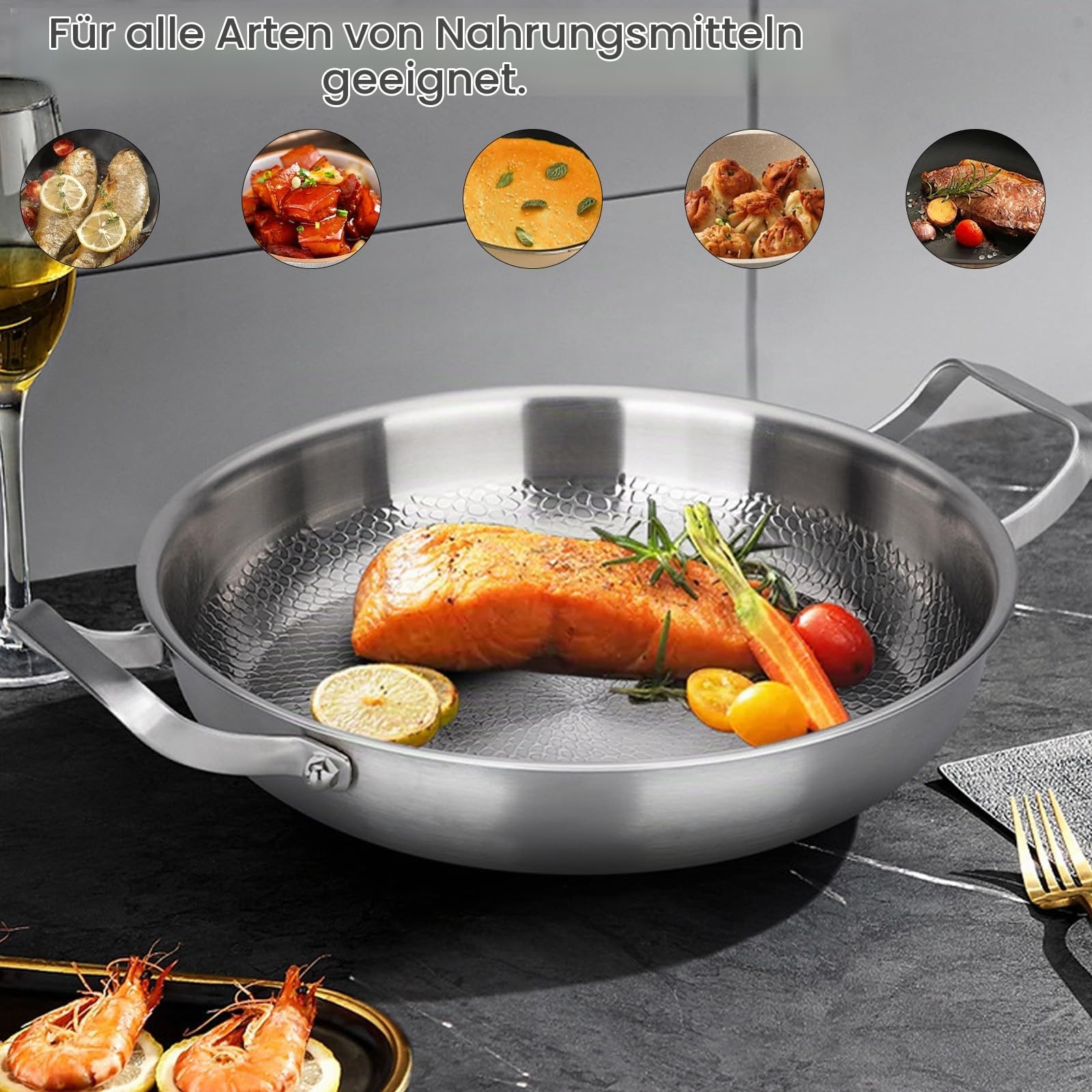 Titan Bratpfanne Ø 32 cm, Pfanne Unbeschichtet mit Deckel, Kratzfeste bratpfanne, Pfanne zwei Griffen, Gehämmerte Titan-Bratpfannes, Premium bratpfanne für Induktion, ohne Beschichtung