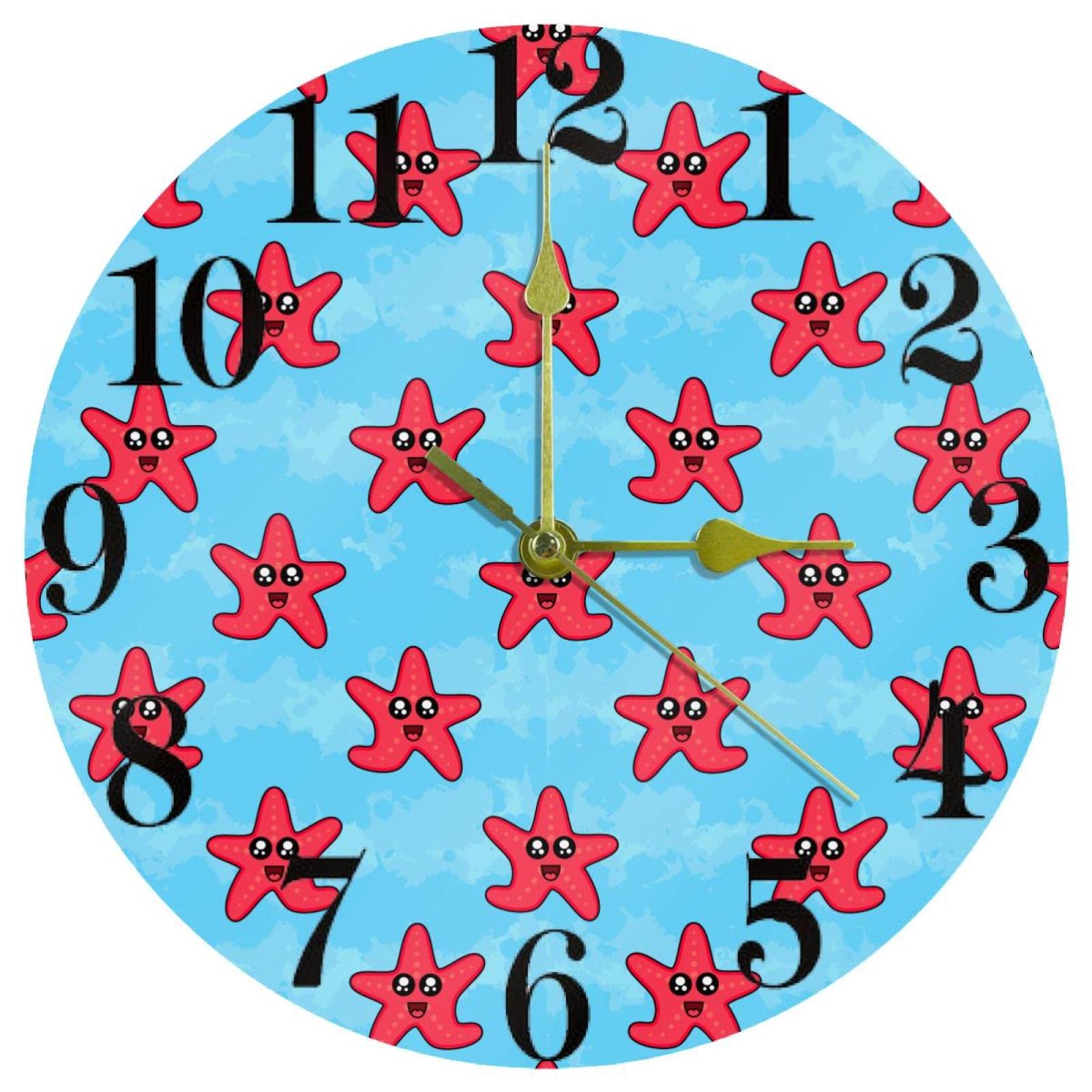 Horloge murale ronde quartz Happy Funnt pendule silencieuse étoile de mer bleu
