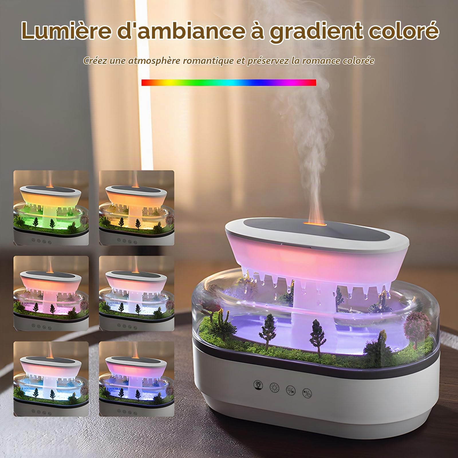 Diffuseur d'arômes avec veilleuse 7 Couleurs, humidificateur Rain Cloud 250 ML, diffuseur d'huiles essentielles avec Lampe Champignon Goutte d'eau, Bruit Blanc (Blanc)