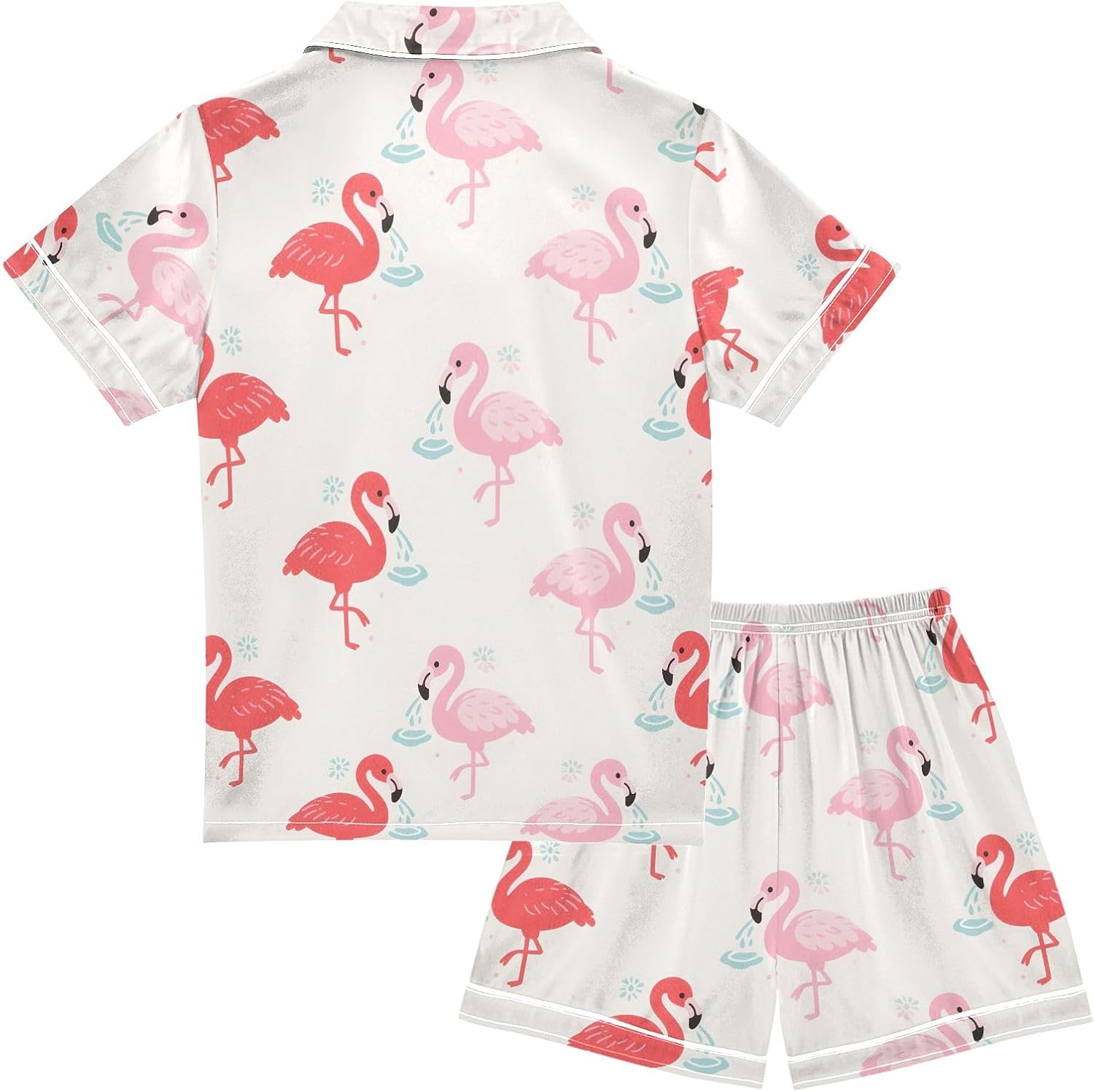 Kids Satin Wear Set Red Pink Flamingo Pattern Relaxed Fit Clothing Short Sleeve and Shorts