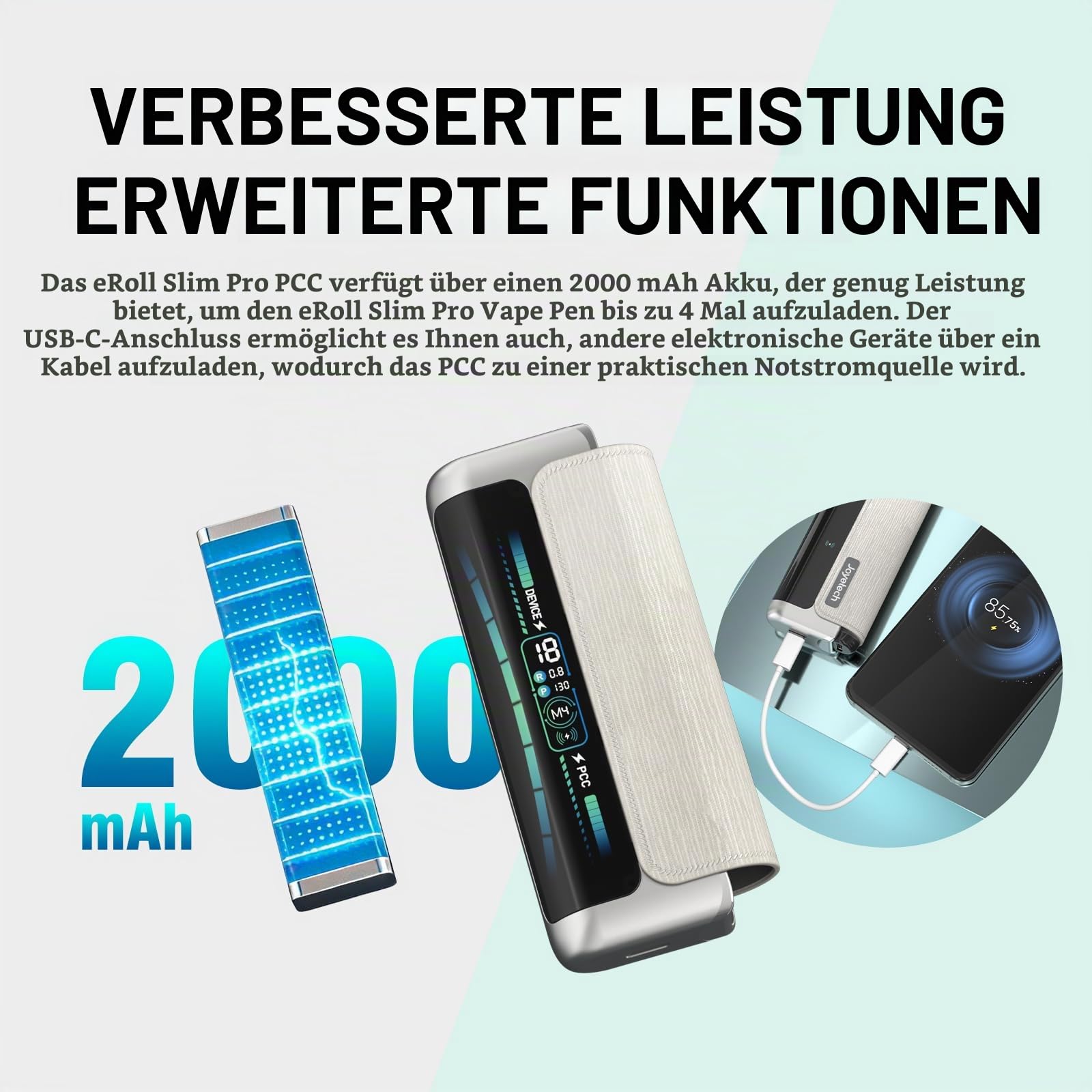 Joyetech Eroll Slim Pro Kits 2000mAh + 480mAh großer Akku Leistungsanpassung großes Display Pod-System nikotinfrei Schwarz
