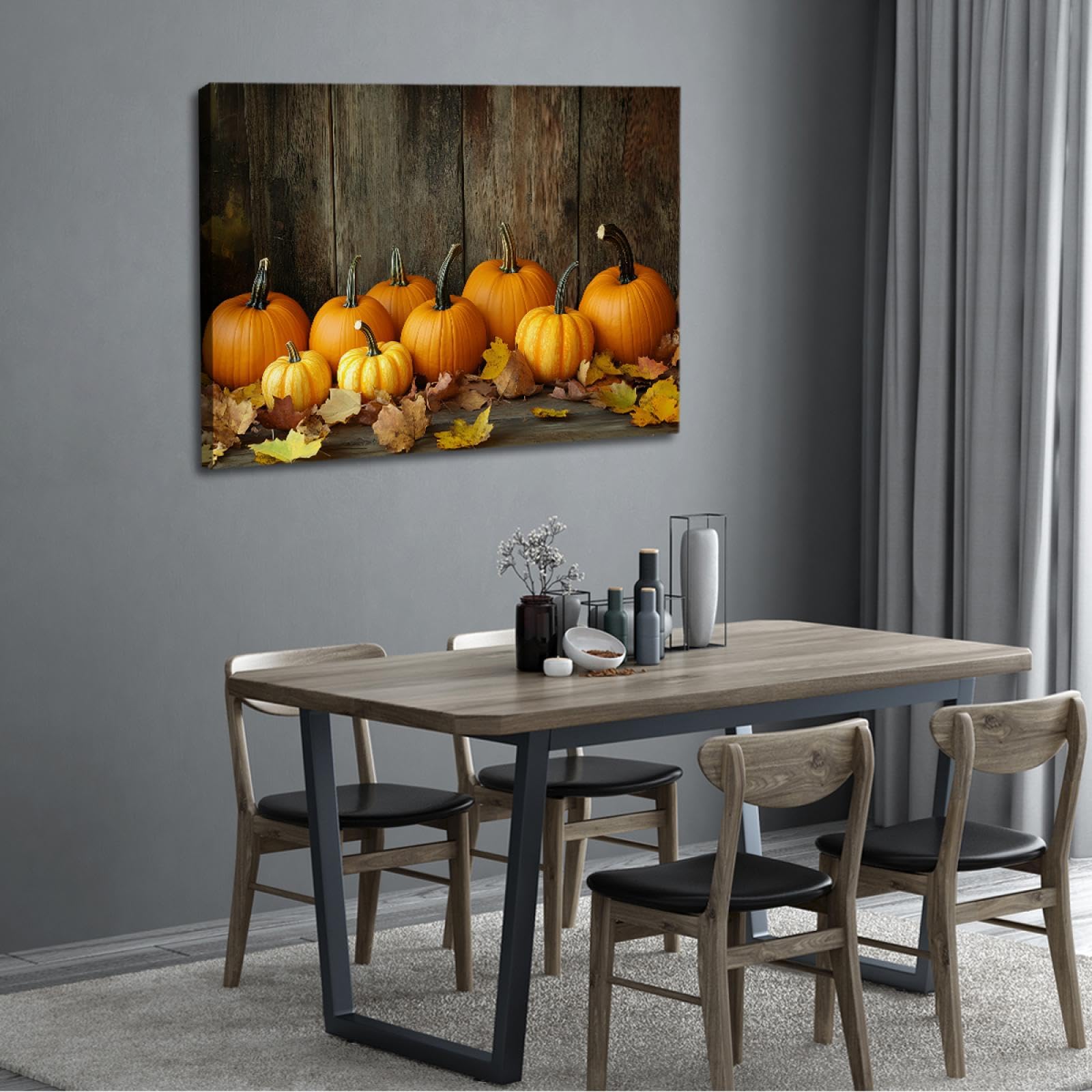 Jesień dynie Martwe liście Kuchnia Wydruki na płótnie Sztuka ścienna Rustykalny dom Farma Dekoracja ścienna Malarstwo do salonu Scena Żniwa 50x75cm Wewnętrzna rama