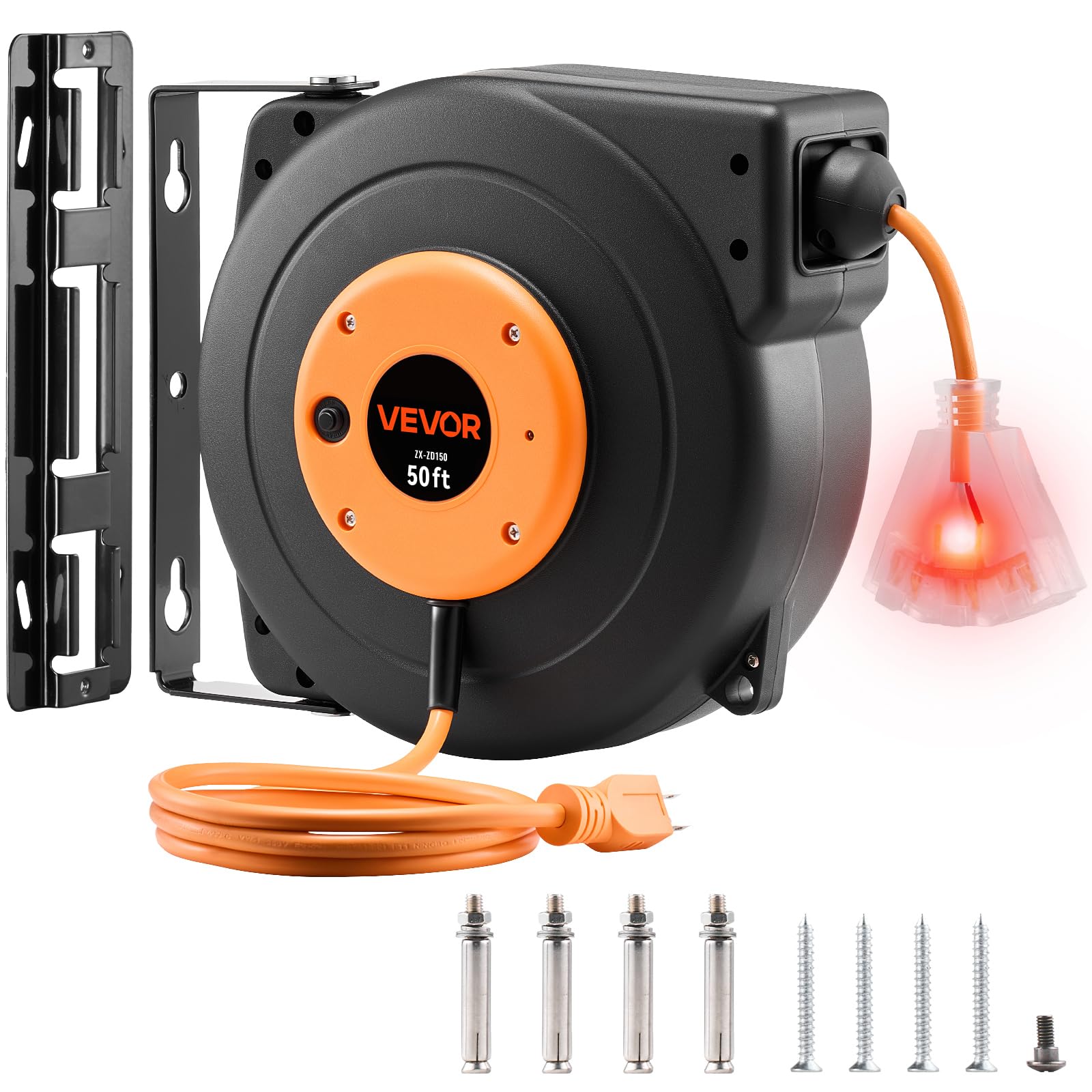 VEVOR 50FT Retractable Extension Cord Reel, Heavy Duty 14AWG/3C SJTOW Cord