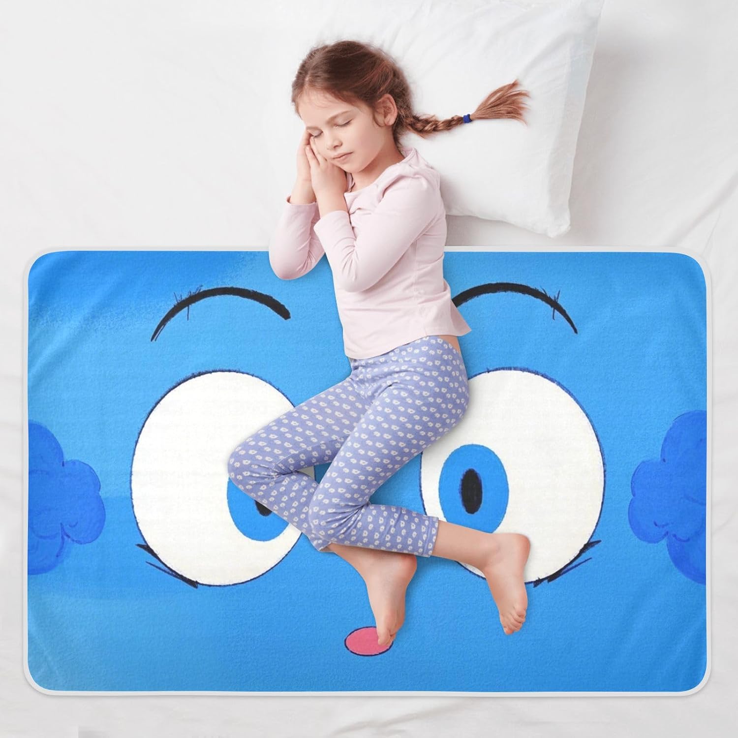 Cartoon Cute Big Eyes Blue Extra Large Resuable Toddler Mattress Pads Waterproof Washable Potty Training Pads Machine Washable Toddler Bedding Products for Infant Toddler , 52" L x 34" W