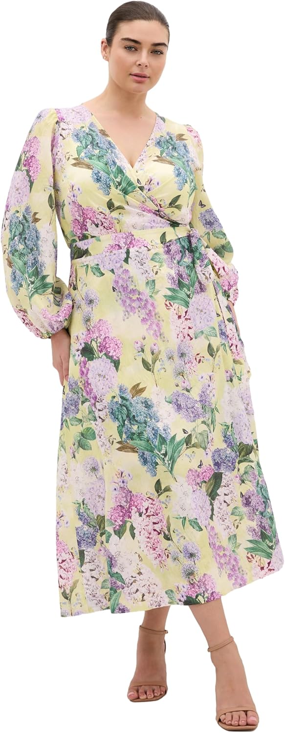 City Chic Plus Size Dress - Anastasia Hydrangea Print Wrap Maxi
