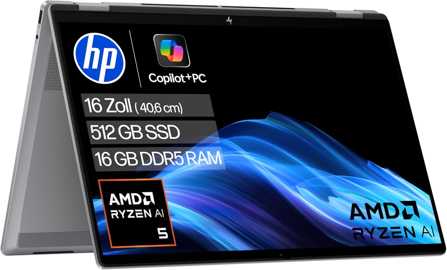 HP OmniBook X Flip 2-in-1 Next Gen AI Laptop, AMD Ryzen AI 5 340 (6C), Dedicated NPU for AI, 50 NPU Tops, Copilot+ PC, 16 Inch WUXGA 1920 x 1200 Touchscreen, 16 GB, 512 GB SSD, Win11, QWERTZ, Silver – HP product photo