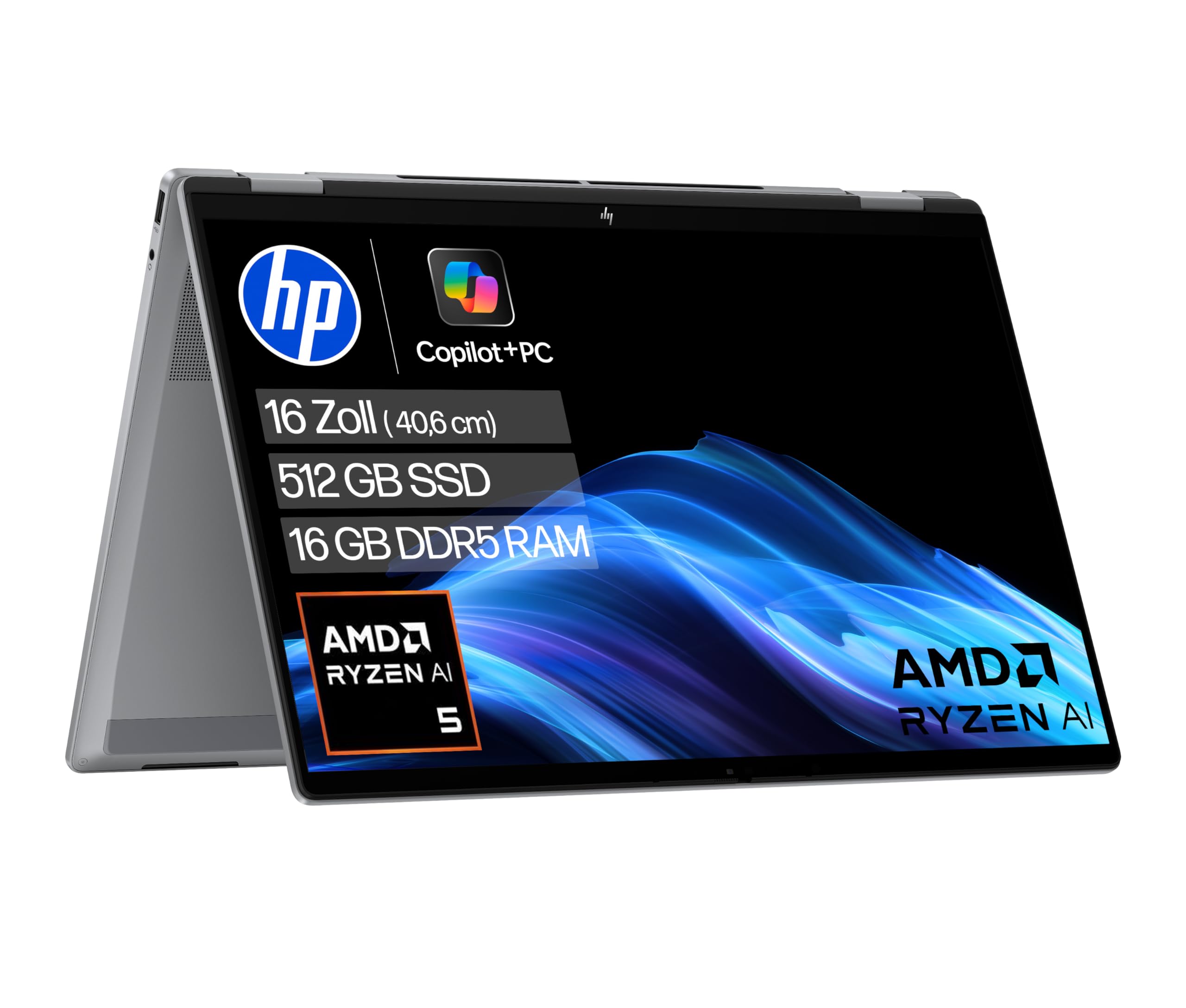 HP OmniBook X Flip 2in1 Laptop AMD Ryzen AI 5 340 16" WUXGA Touchscreen 16GB 512GB SSD Win11 Silber