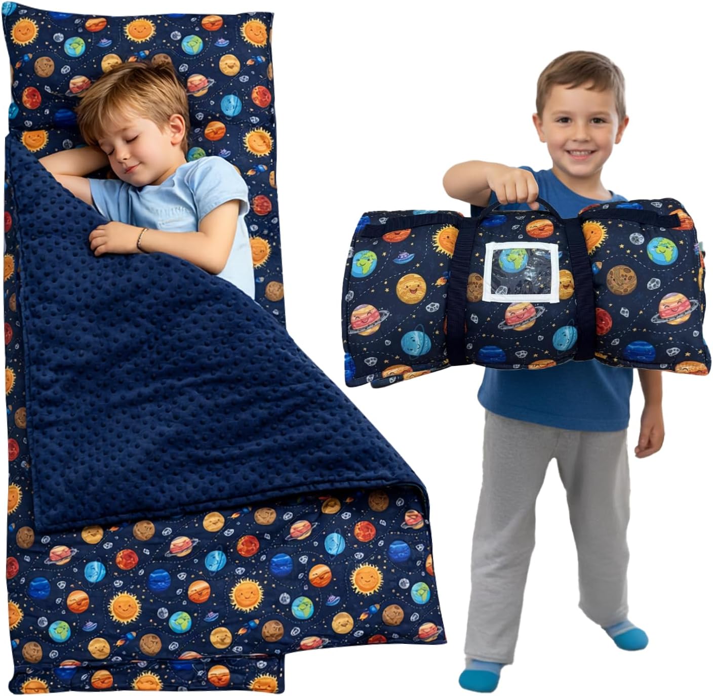 Toddler Nap Mat with Pillow and Blanket, Preschool, Nursery Sleeping Mat, Portable Bed for Kids, Ultra Soft Cotton, Fleece, Minky, Machine Washable, Travel Friendly, Kids Sleeping Bag