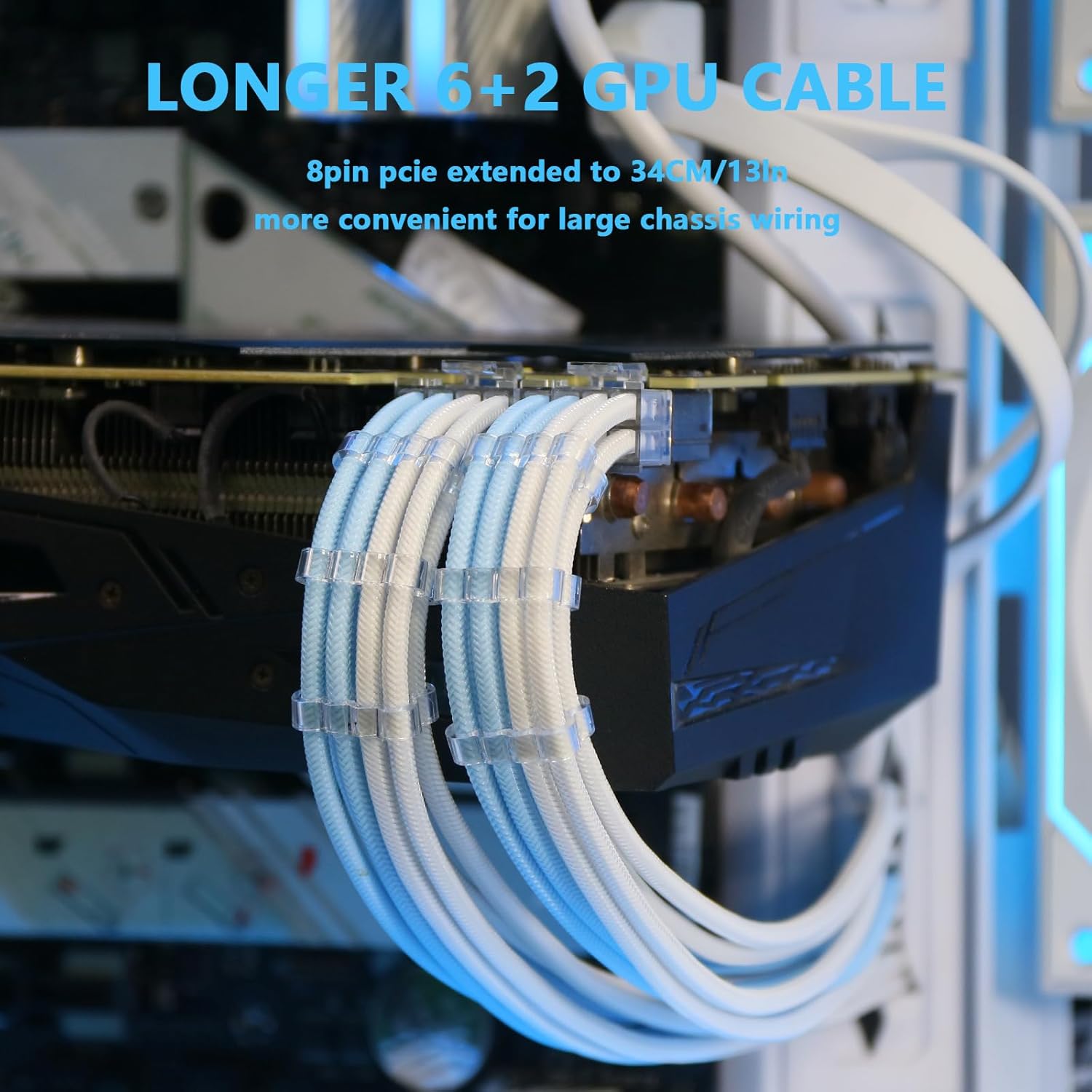 Sirlyr PSU Cable Extension,Customed Pre-Bend PC Power Supply Cable,1x 24 Pin ATX / 1x 8 (4+4) Pin EPS/Longer 2X 8 (6+2) Gold-Plated Pin Pcie,Nylon Sleeved Blue White,4 Kits