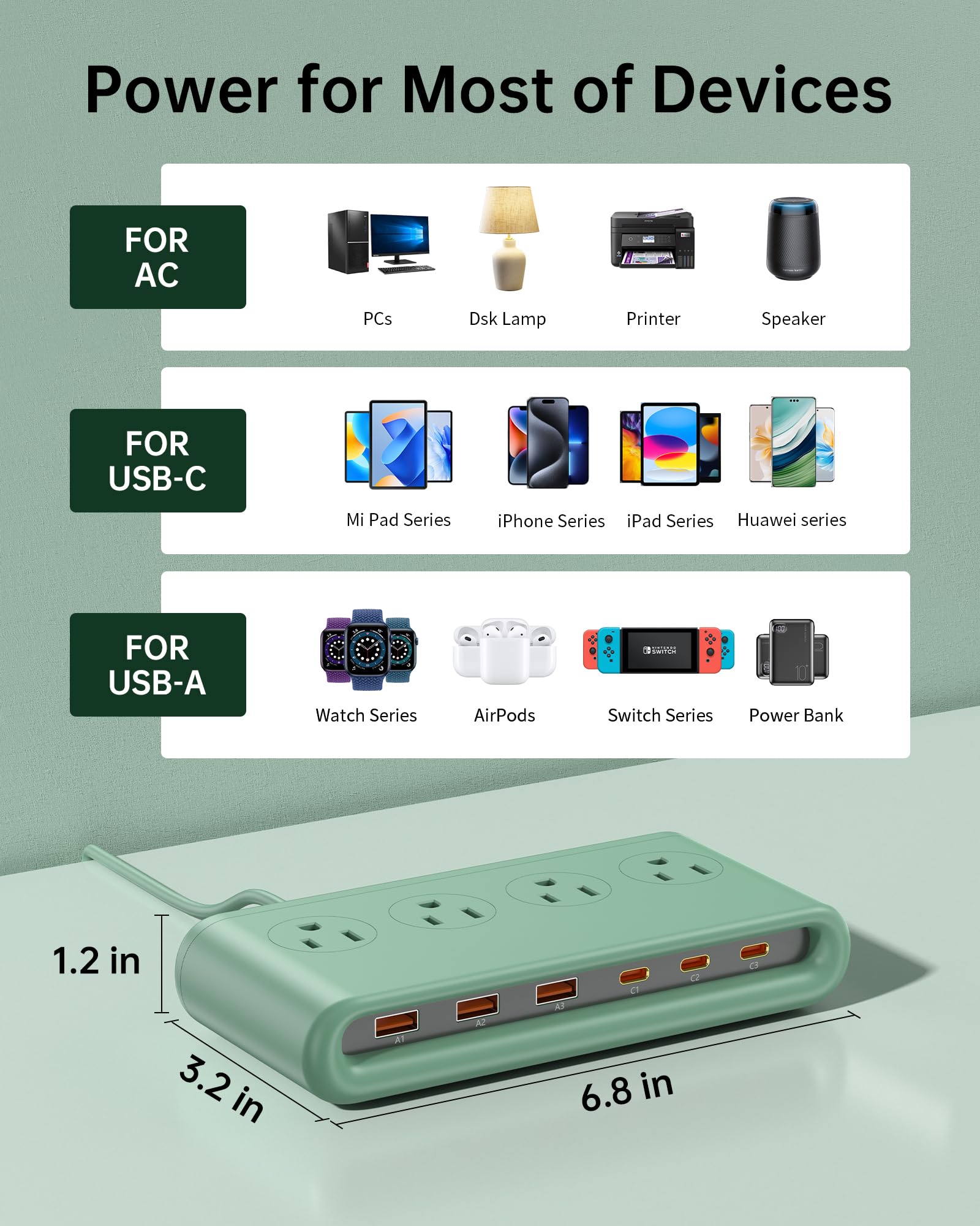 Multiprise avec ports USB, parasurtenseur avec 4 prises CA, 3 ports USB-A et 3 ports USB-C, vert