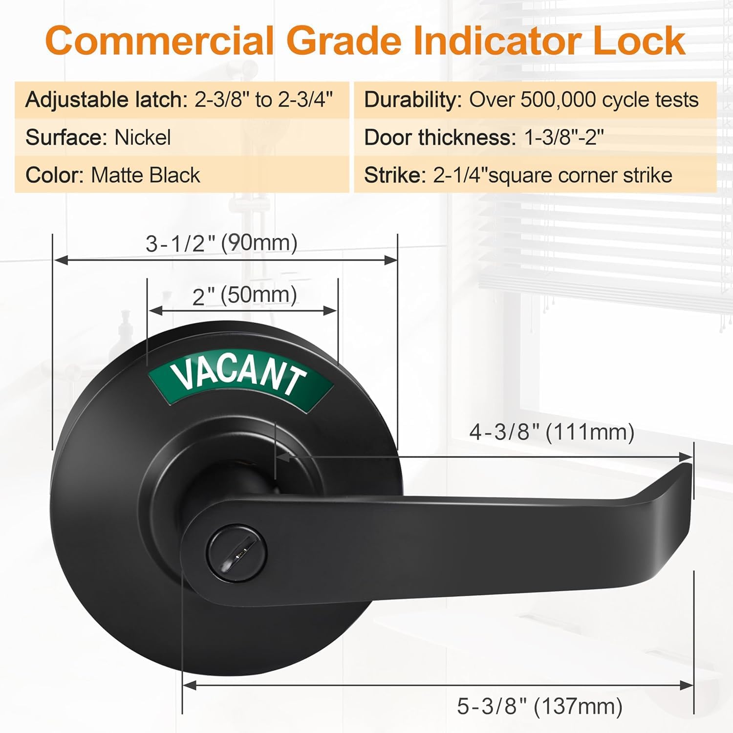 Commercial Door Handle for Restroom, Vacant Occupied Bathroom Lock, Occupied Door Handle, Privacy Indicator Door knob for Public & Industrial Buildings (Matte Black)