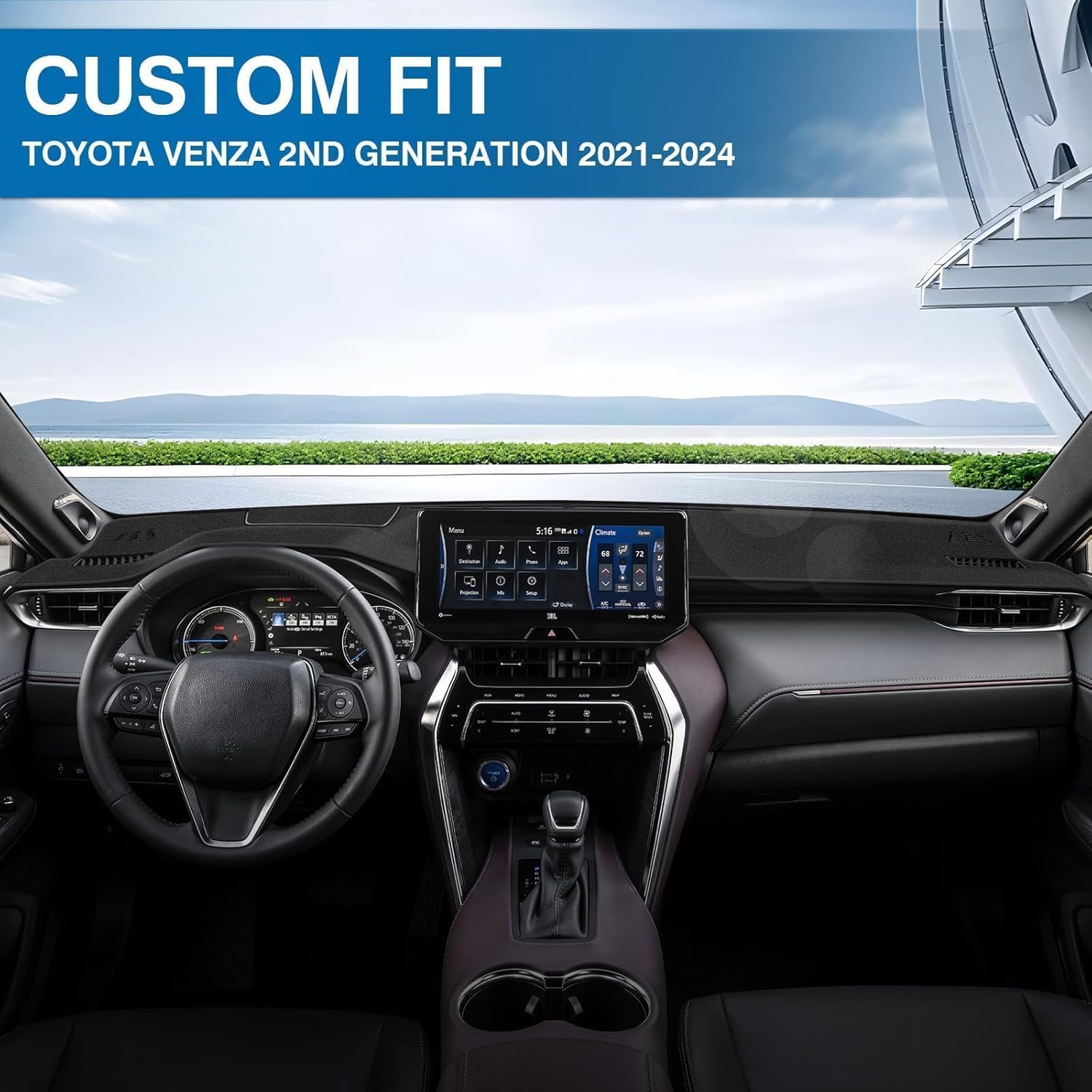 KUST Black Dash Cover for Toyota Venza 2021 2022 2023 2024 (LE, XLE, Limited) Left Hand Driving Polyester Dashboard Cover Non-Slip Center Console Dash Cover Sunshade Windshield No Glare