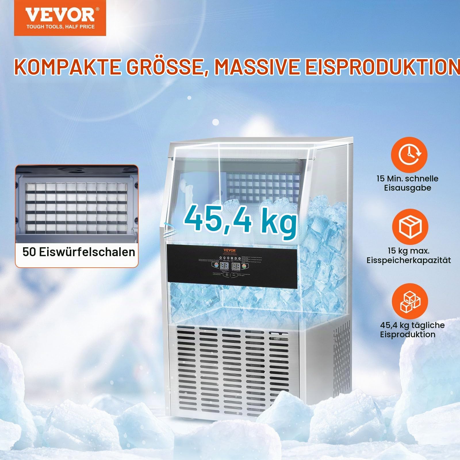 VEVOR Kommerzieller Eiswürfelbereiter Eismaschine 47 kg / 24 h, Leichte Würfeleismaschine 15 kg Eisspeicherkapazität 50 Stk. Eiswürfel, Edelstahl Eiswürfelbereiter inkl. Wasserfilter & Eisschaufel