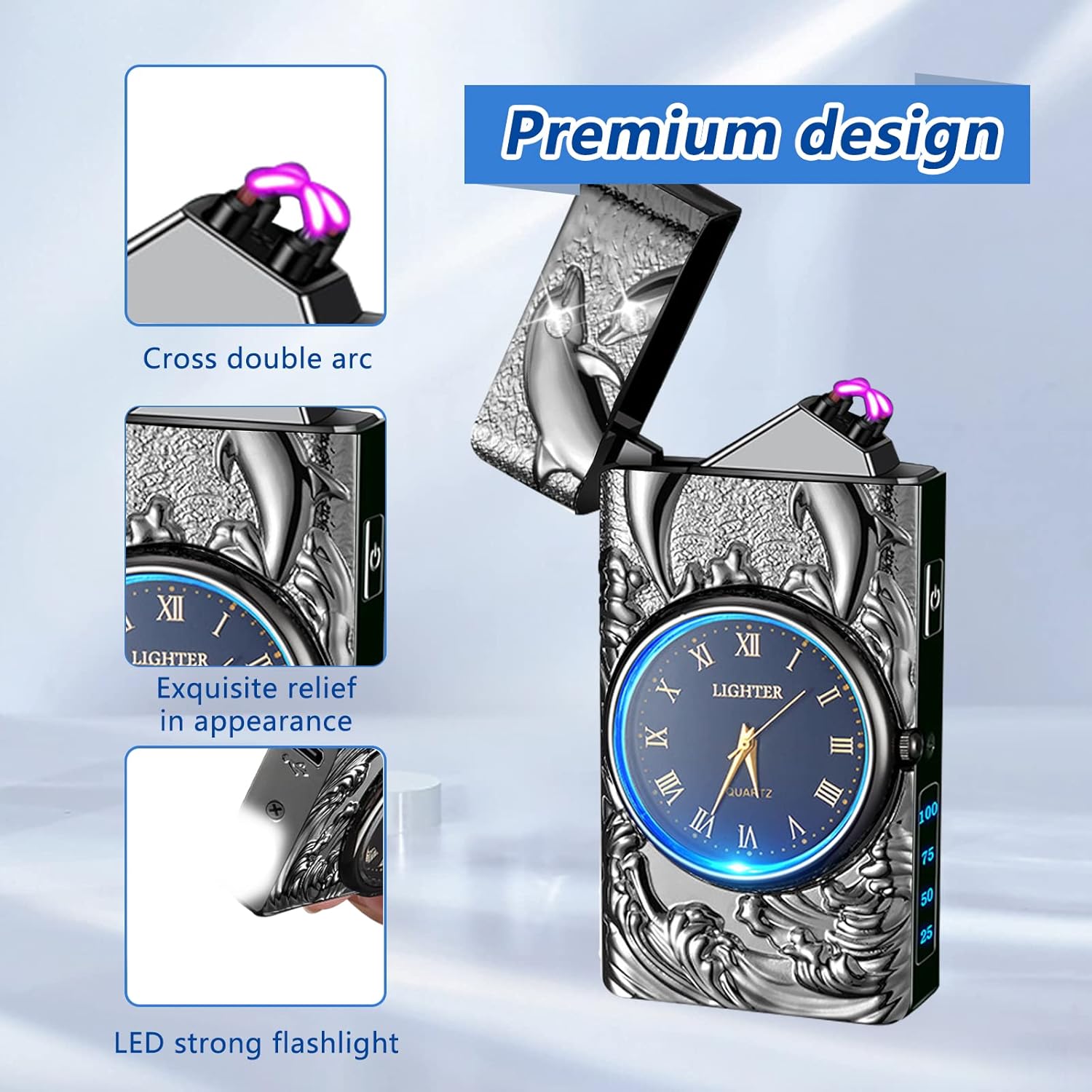 Electric Rechargeable USB Lighter Flameless Windproof Plasma Arc Lighters with Watch dial Electronic Lighter Candle Unique Fancy Cool Lighters for Candle (Black)